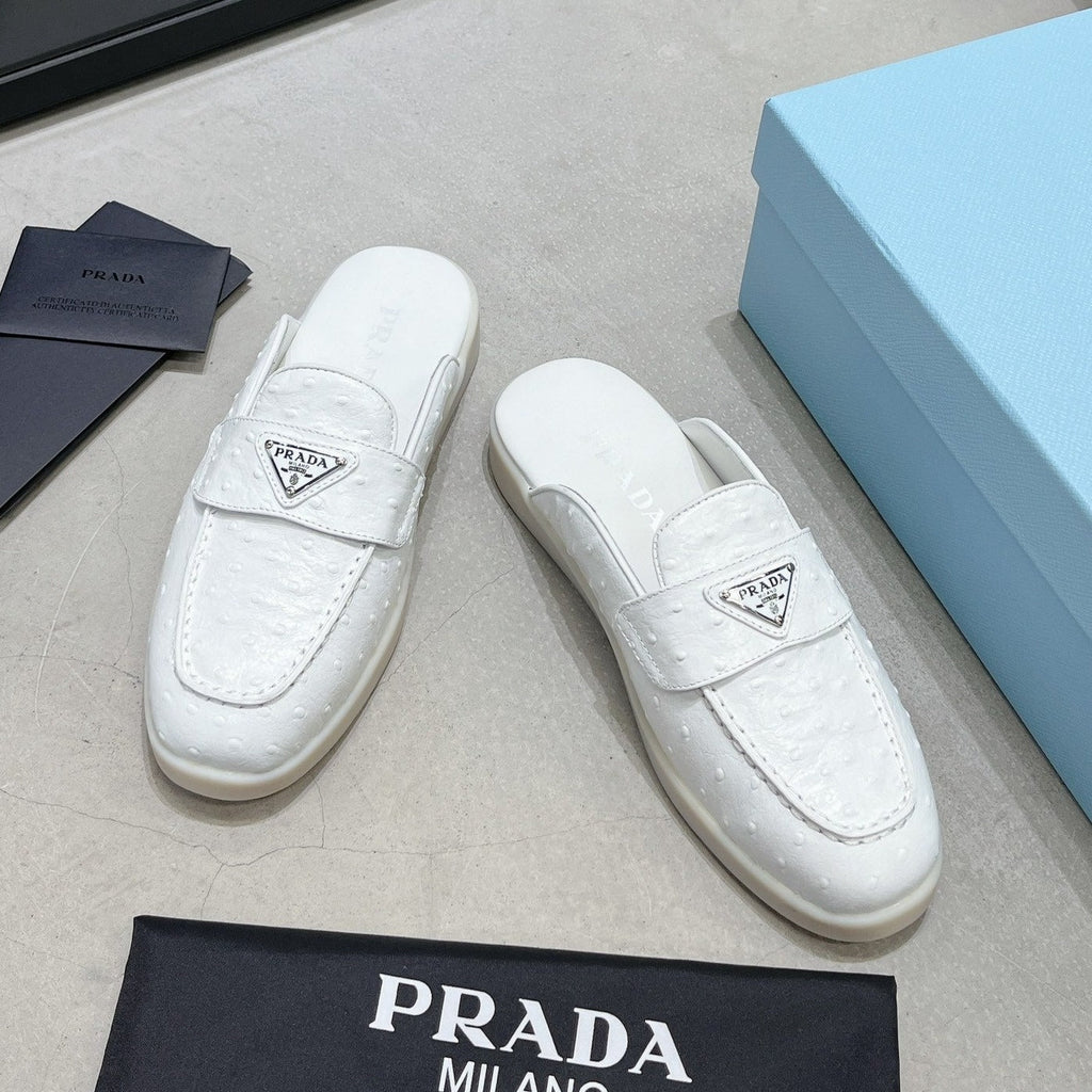 PRADA OSTRICH PATTERN MULES WHITE CALFSKIN