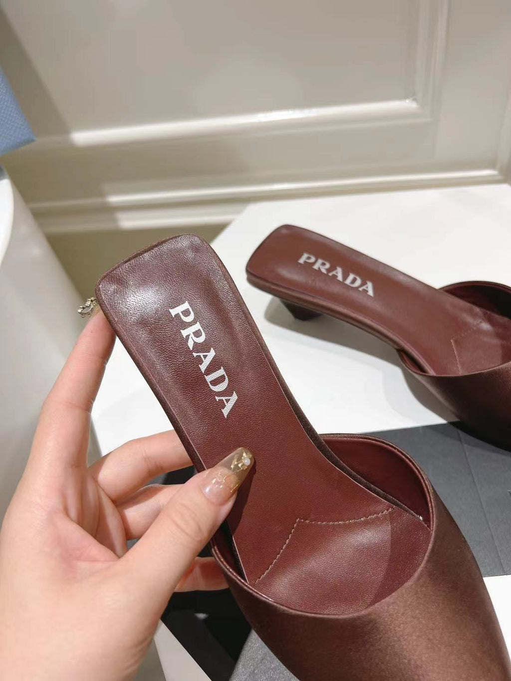 PRADA POINTED-TOE MULES CHOCOLATE SATIN