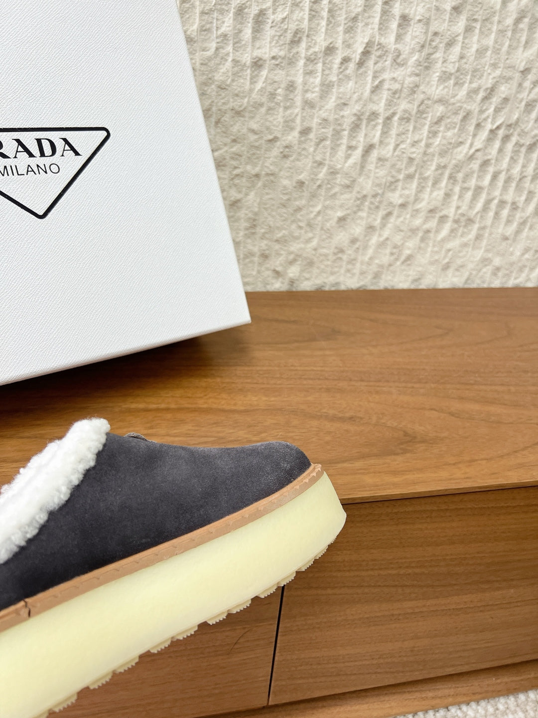 PRADA 25S PLATFORM FUR-LINED MULES IN RK GREY SUEDE