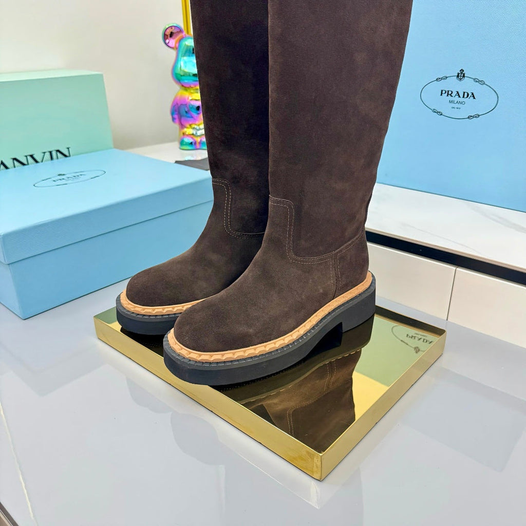 PRADA 25S HIGH BOOTS MARTIN 50MM IN RK BROWN SUEDE WITH LOGO