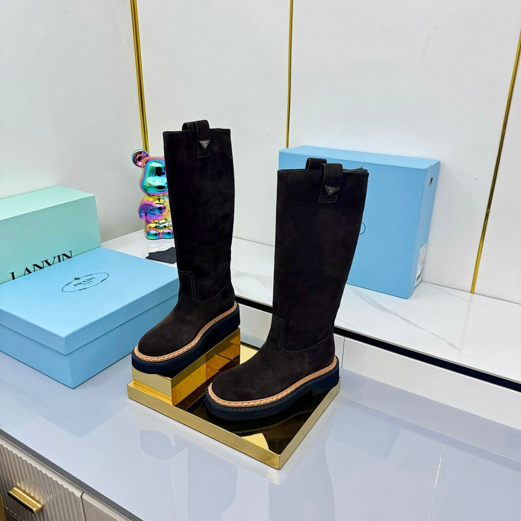 PRADA 25S HIGH BOOTS MARTIN 50MM IN RK BROWN SUEDE WITH LOGO