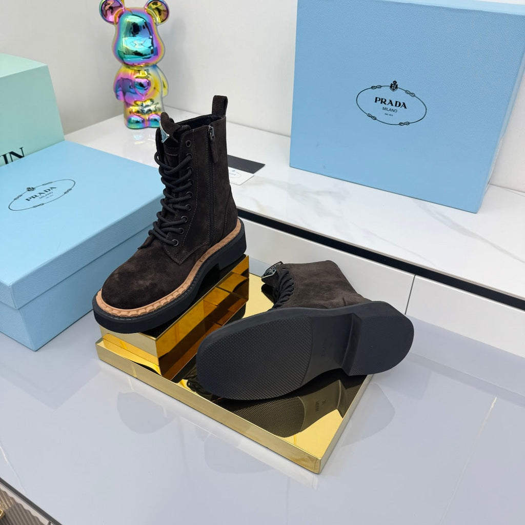 PRADA 25S LONG THICK SOLED MARTIN BOOTS 50MM IN RK BROWN SUEDE