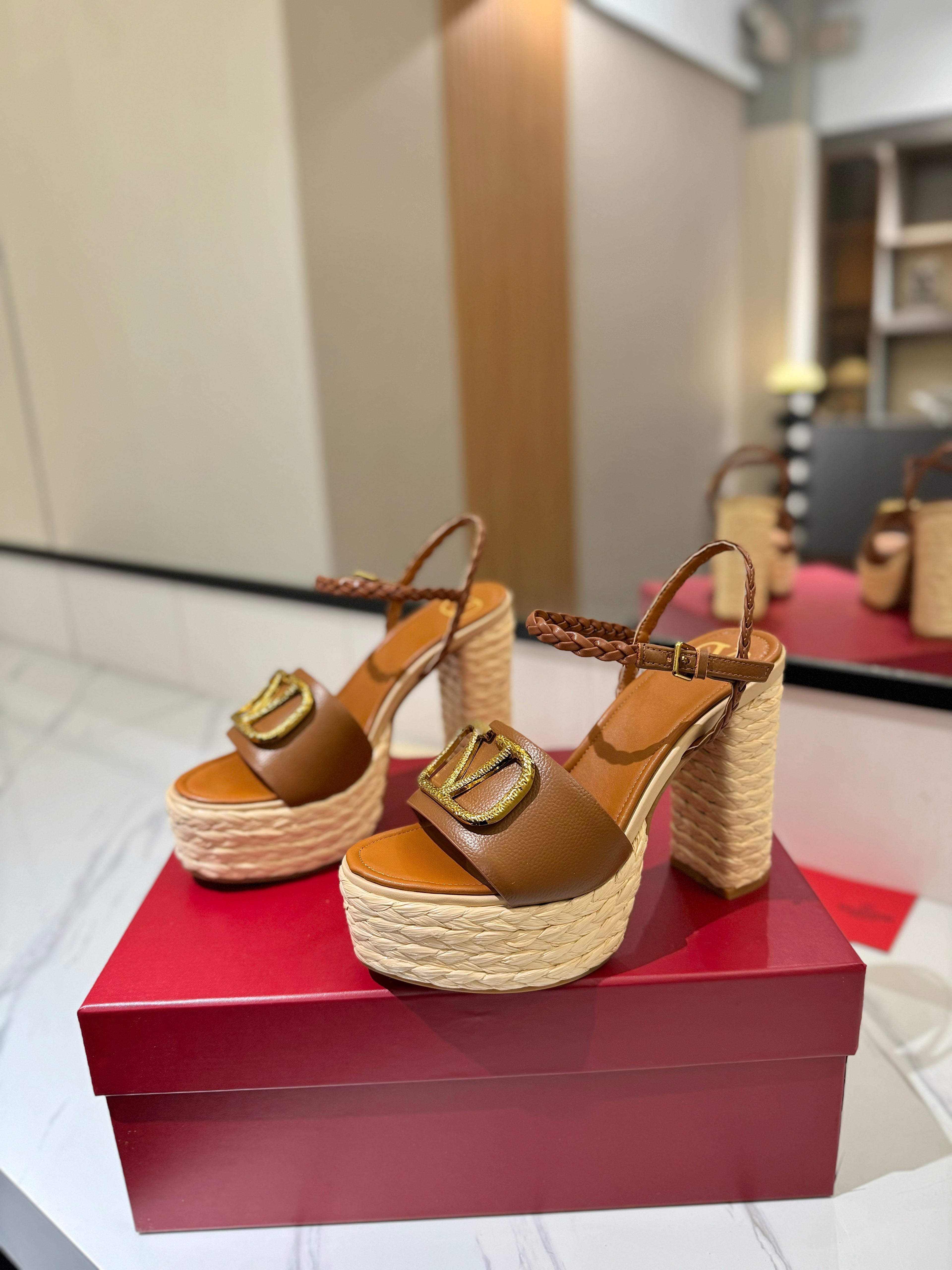 VLTN ESPADRILLE WEDGE SANDALS 25S 115 MM IN BROWN LAMBSKIN WITH GOLD HARDWARE
