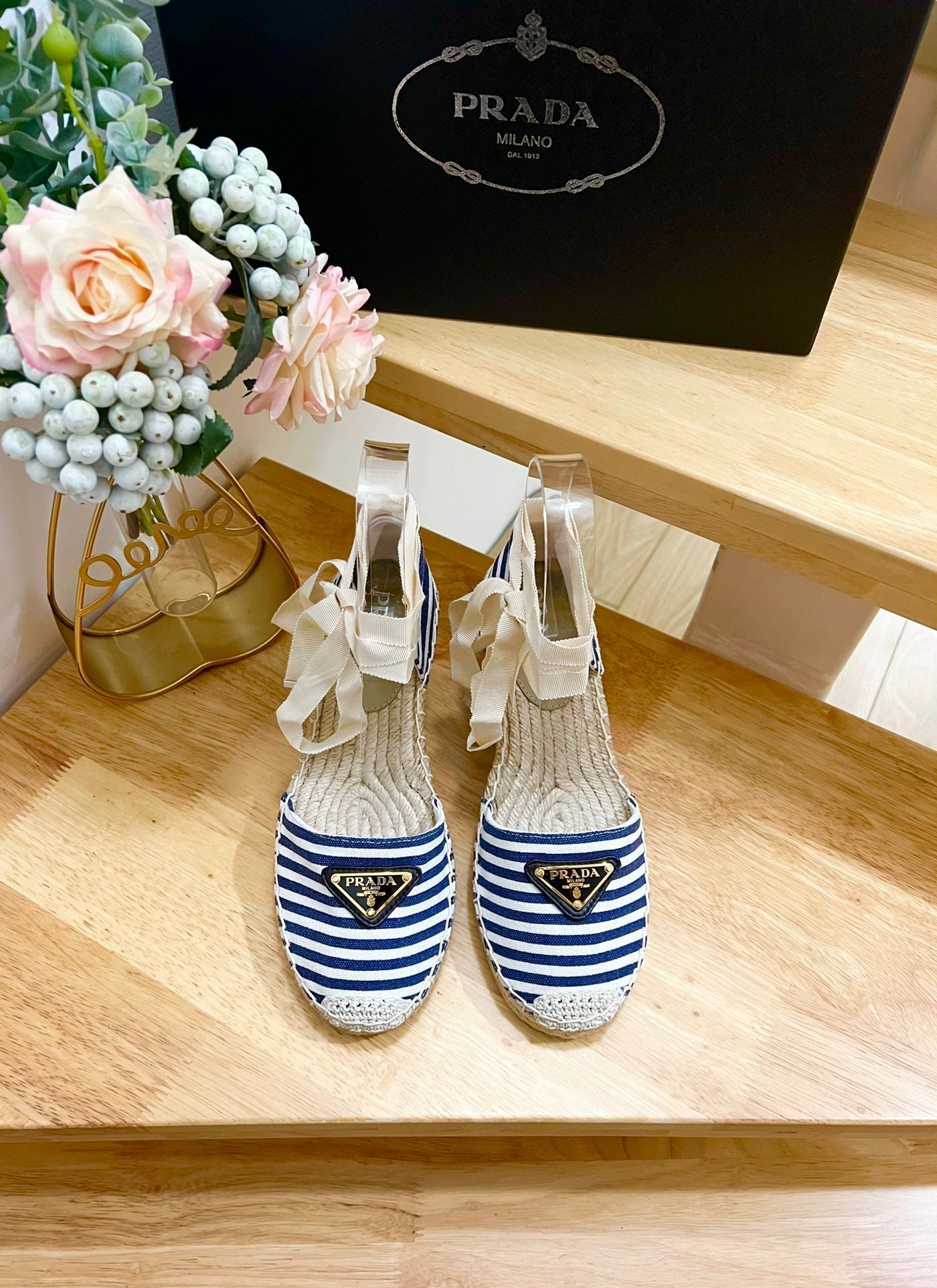 PRADA STRIPE ESPADRILLE WEDGE SANL NAVY FABRIC