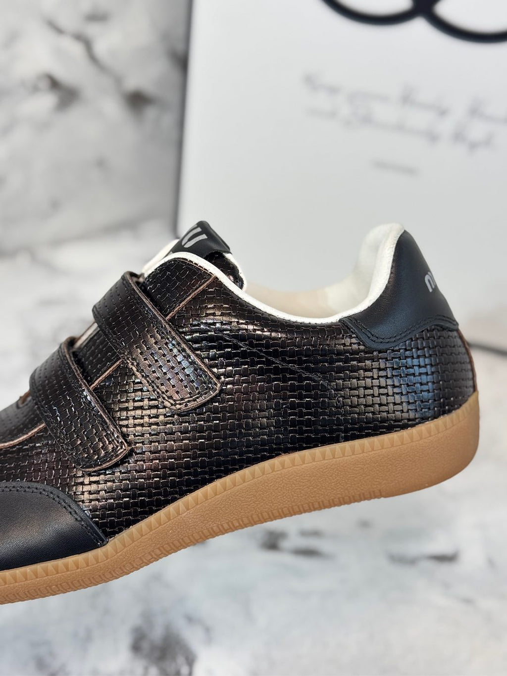 RETRO SNEAKERS WITH RIPTAPE STRAPS IN BLACK LAMBSKIN KNITTED PATTERN