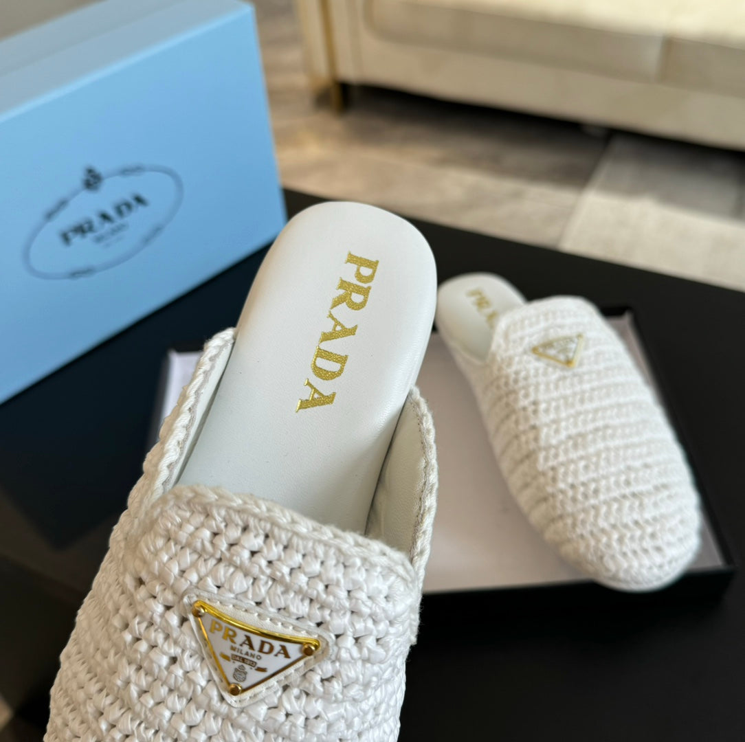 PRADA CROCHET MULES WHITE LAMBSKIN