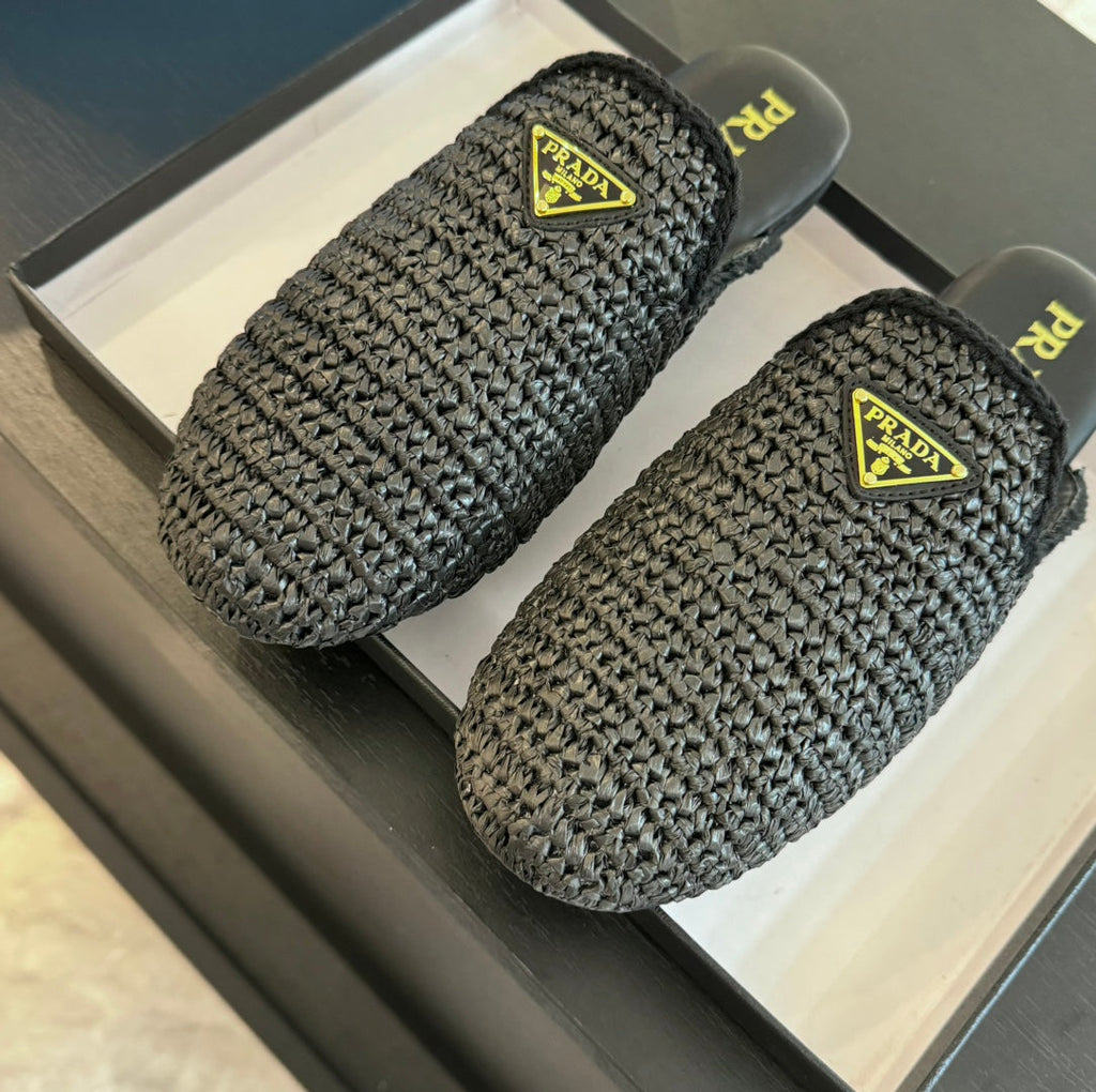 PRADA CROCHET MULES BLACK LAMBSKIN