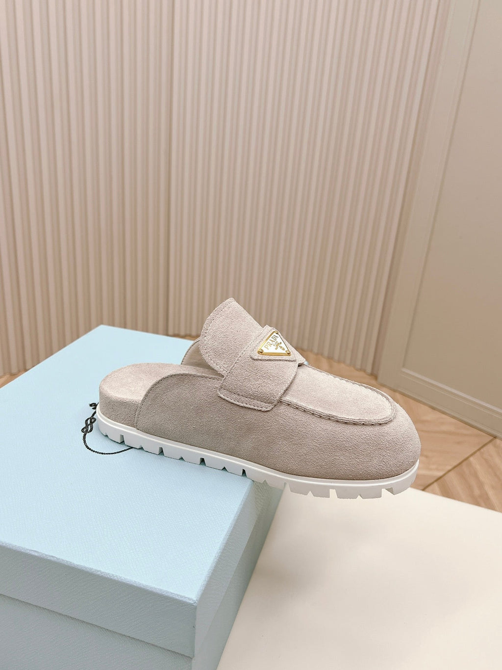 PRADA SABOTS MULES LIGHT GRAY SUEDE