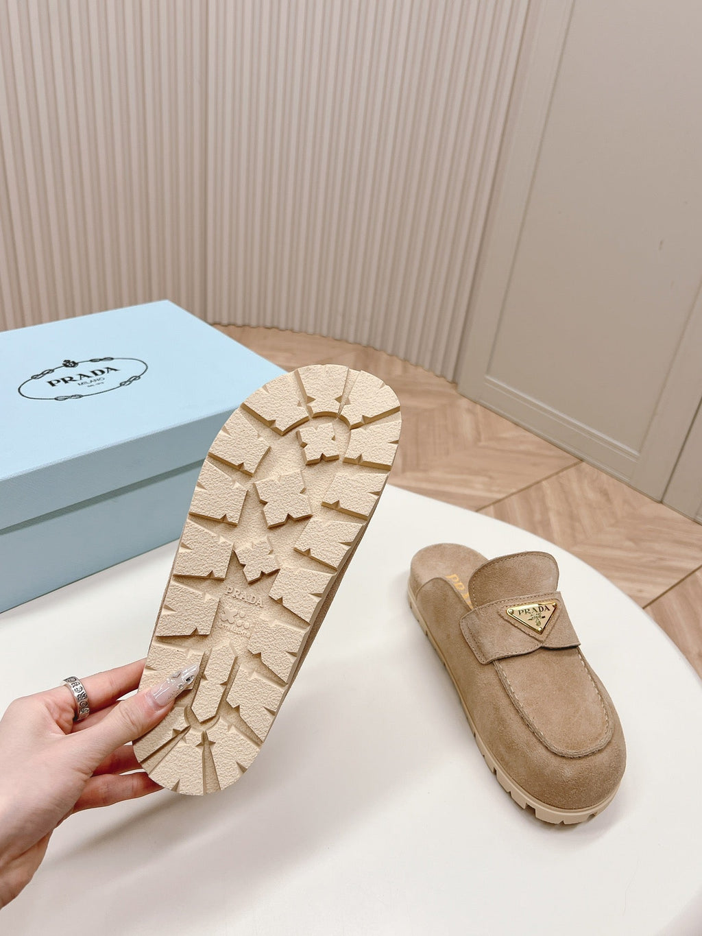PRADA SABOTS MULES LIGHT BROWN SUEDE