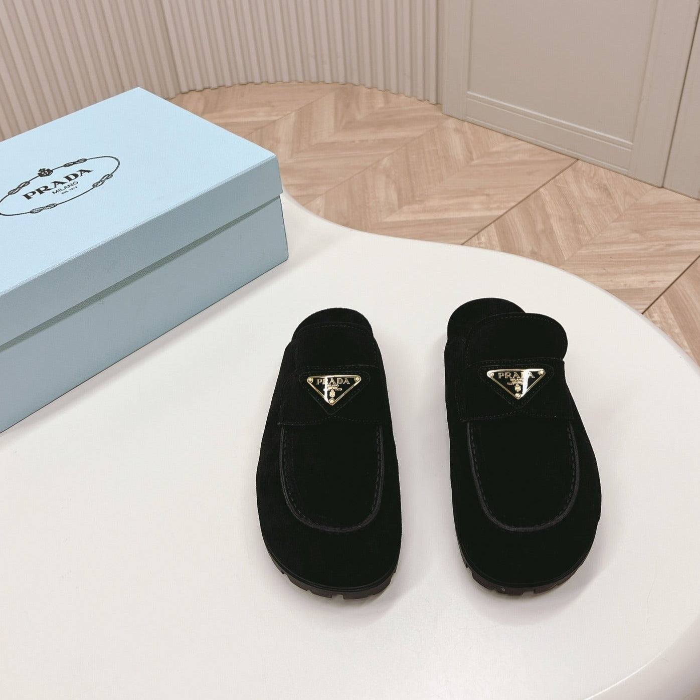 PRADA SABOTS MULES BLACK SUEDE