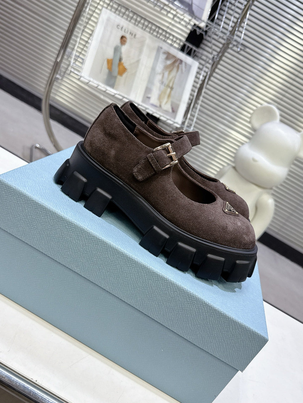PRADA 25S PLATFORM MARY JANE SHOES IN RK BROWN SUEDE