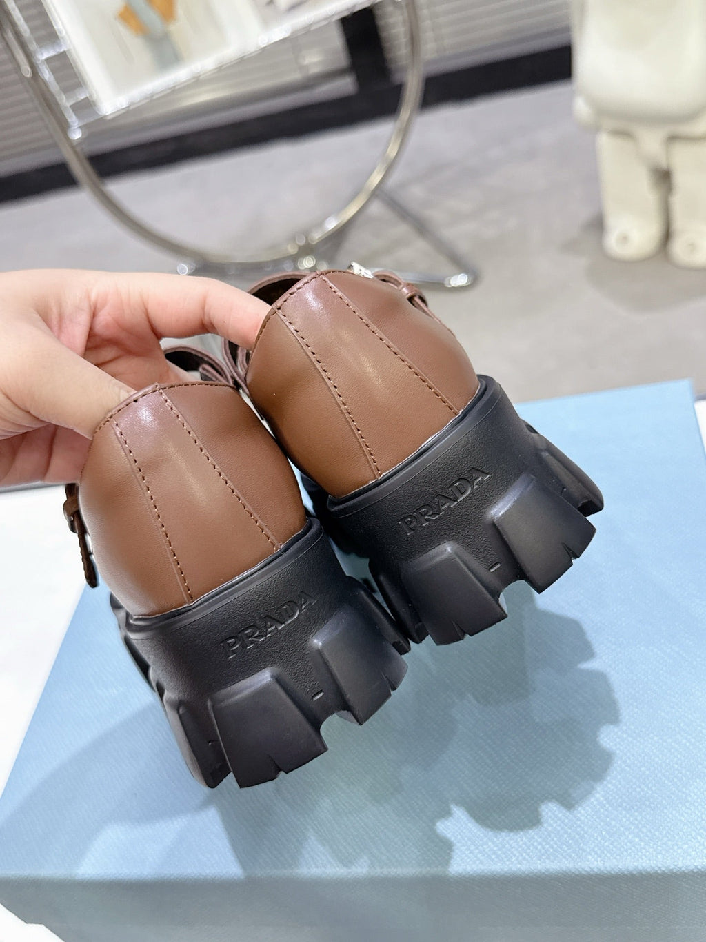 PRADA 25S PLATFORM MARY JANE SHOES IN BROWN CALFSKIN