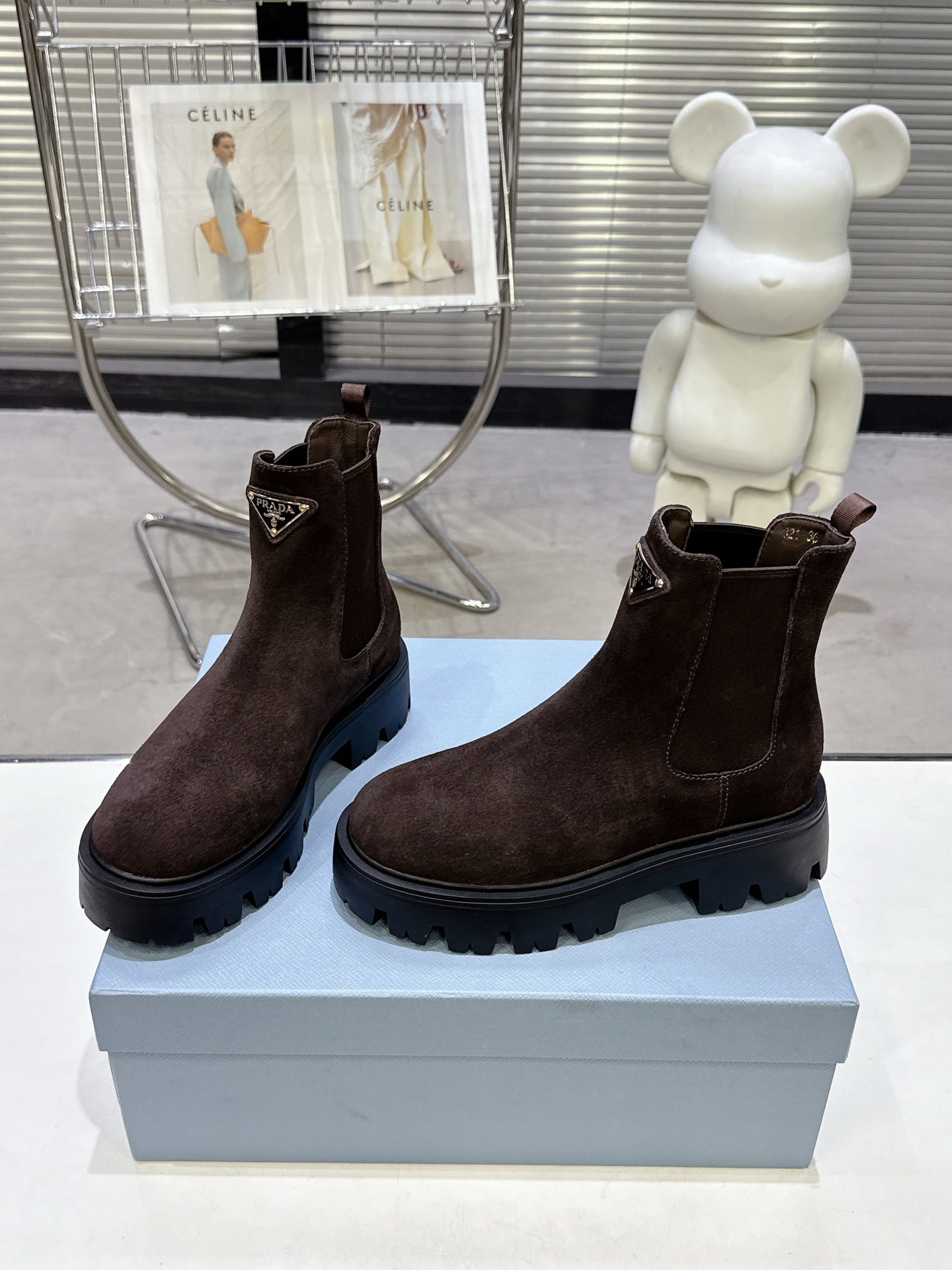 PRADA 25S RETRO PLATFORM MARTIN ANKLE BOOTS IN RK BROWN SUEDE