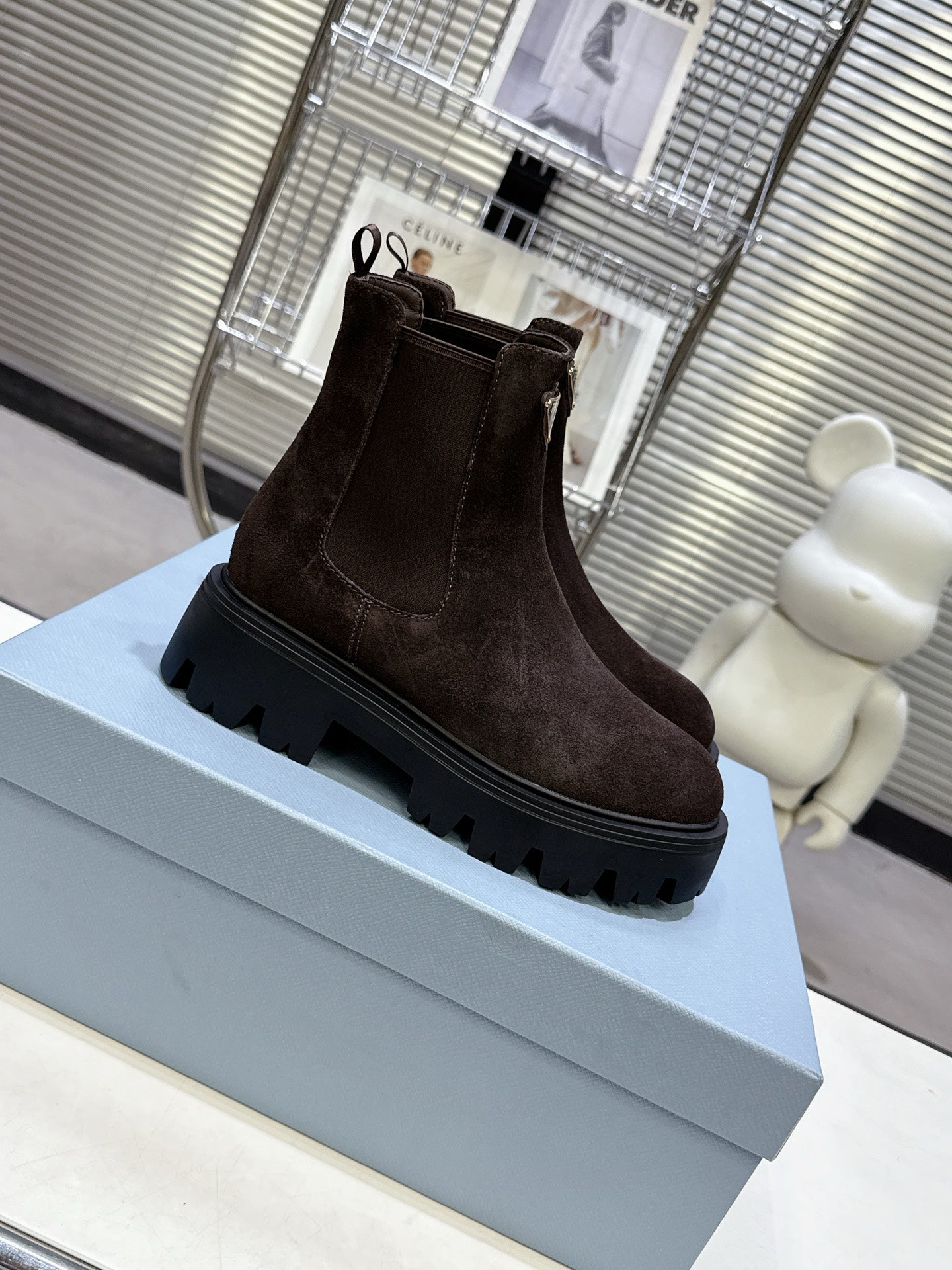 PRADA 25S RETRO PLATFORM MARTIN ANKLE BOOTS IN RK BROWN SUEDE