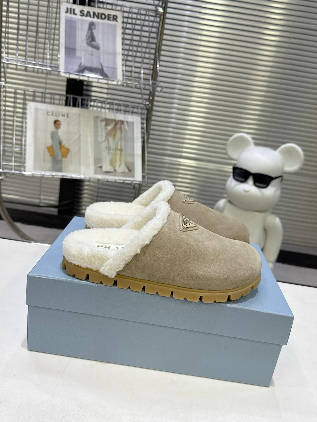 PRADA 25S FUR-LINED SABOT MULES IN BEIGE SUEDE