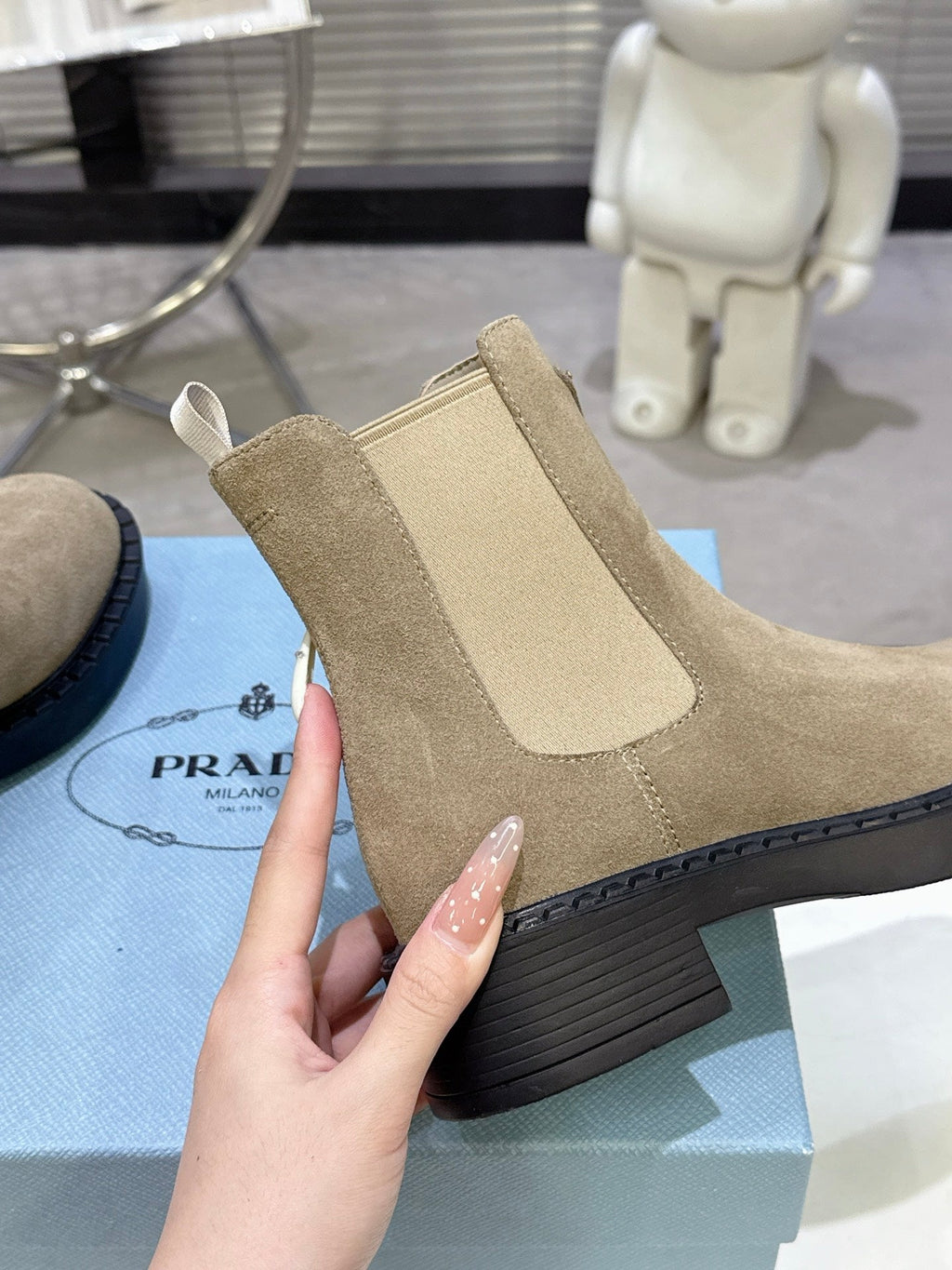 PRADA 25S RETRO PLATFORM MARTIN BOOTS IN BEIGE SUEDE