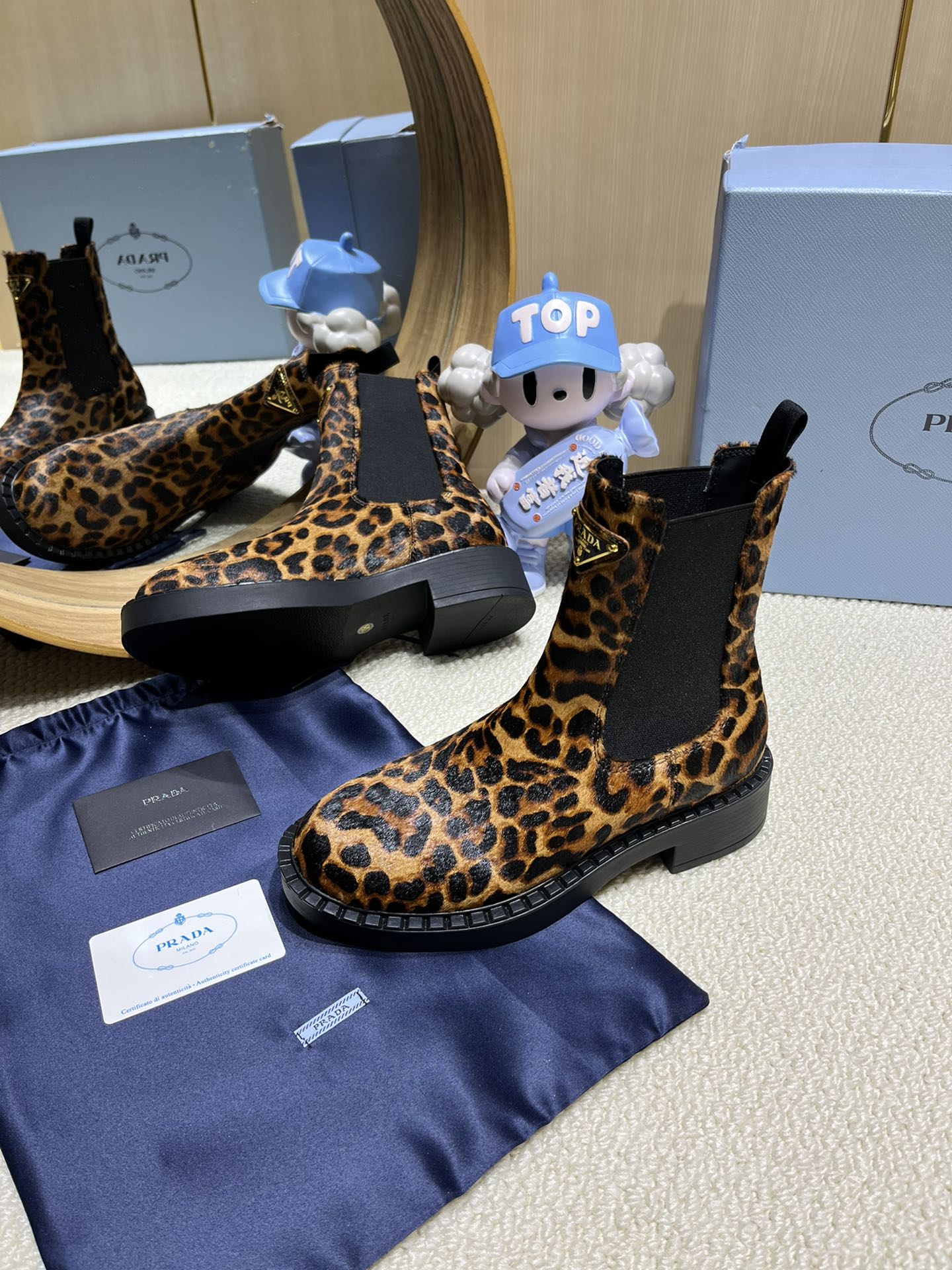 PRADA ANKLE BOOTS ATTACHED TRIANGLE LOGO IN LEOPARD PRINT HORSEHAIR