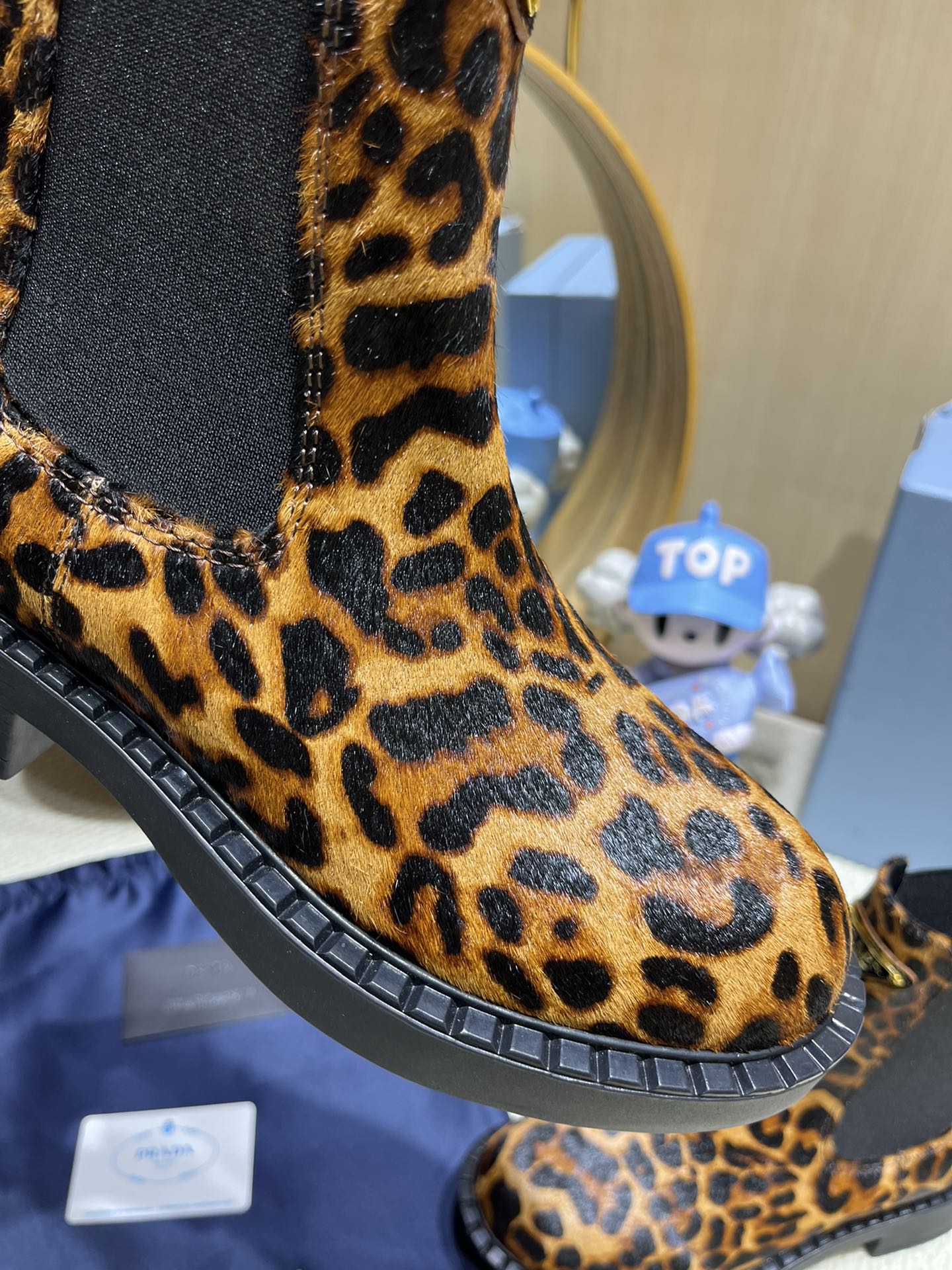 PRADA ANKLE BOOTS ATTACHED TRIANGLE LOGO IN LEOPARD PRINT HORSEHAIR
