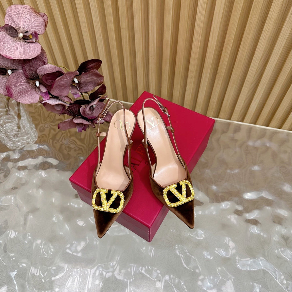 VALENTINO 25S HIGH-HEEL SLINGBACKS IN DARK BROWN VELVET WITH GOLD HARDWARE