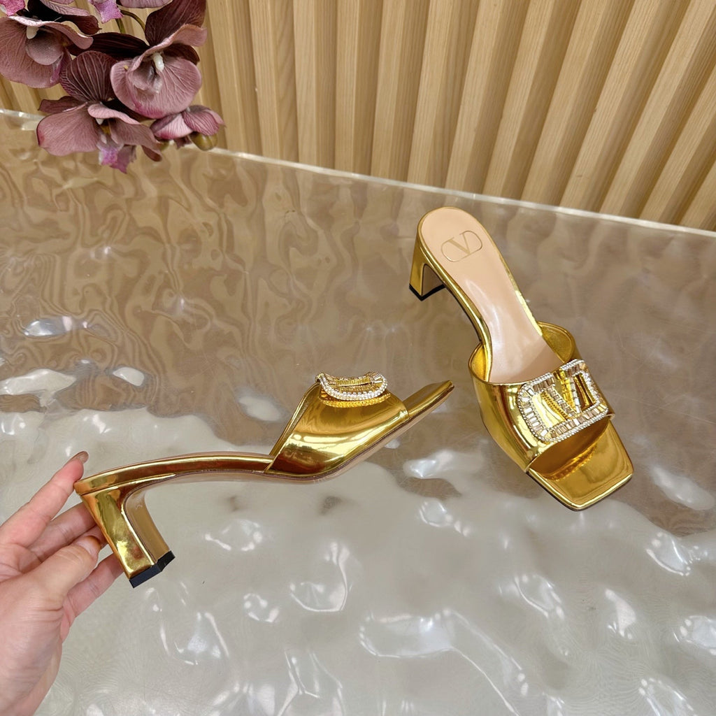 VALENTINO 25S HIGH-HEEL MULES 60 MM IN GOLD PATENT CALFSKIN WITH CRYSTAL-EMBELLISHED STRAP