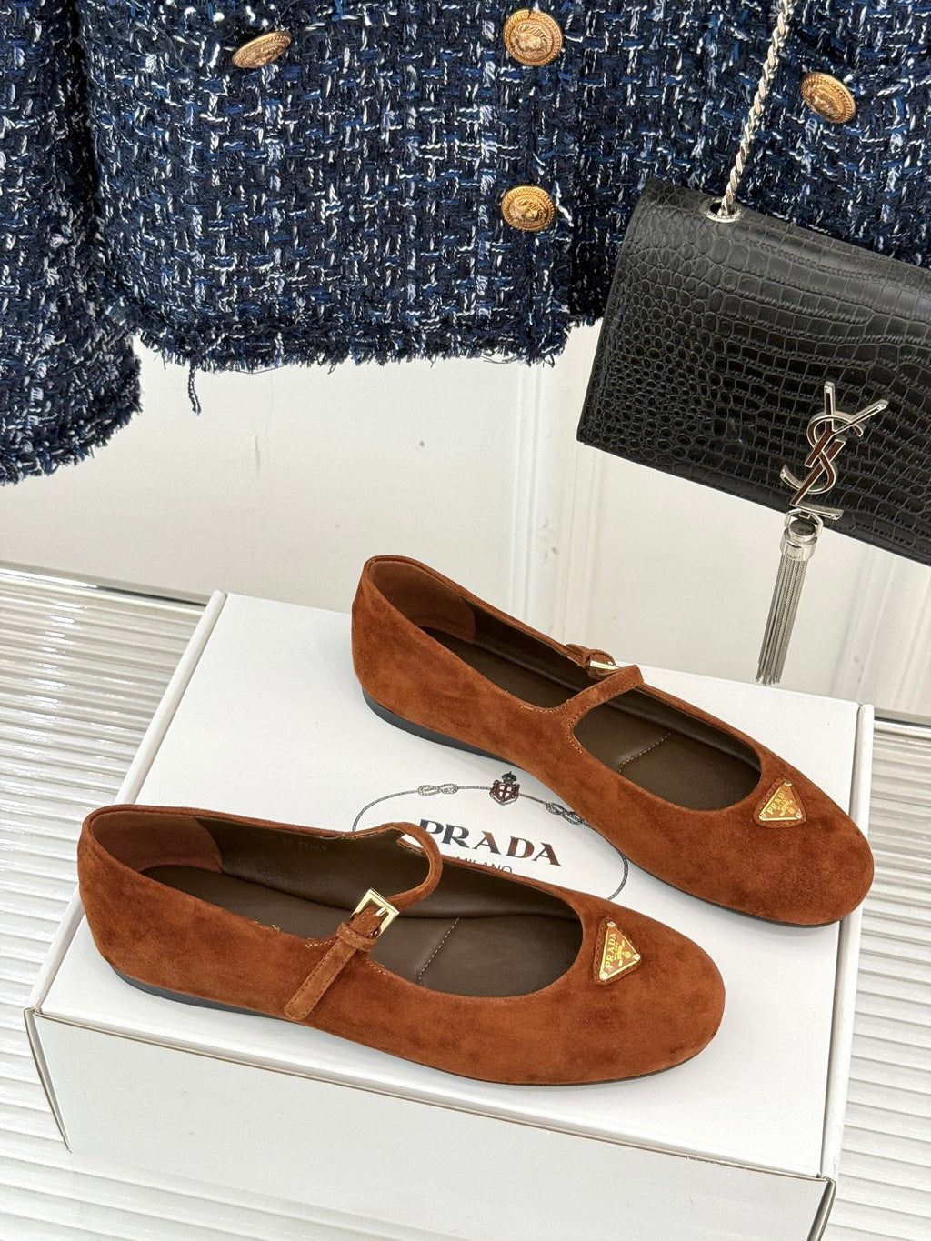 PRADA 25S SOFT PADDED BALLERINAS IN BURNT ORANGE SUEDE