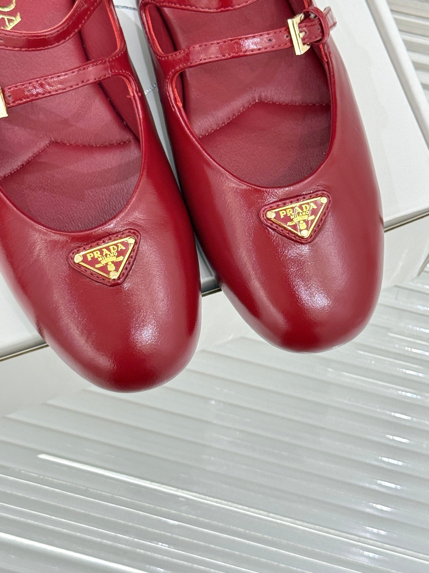 PRADA 25S DUAL MARY JANE BALLERINA MULES IN RED WINE CALFSKIN