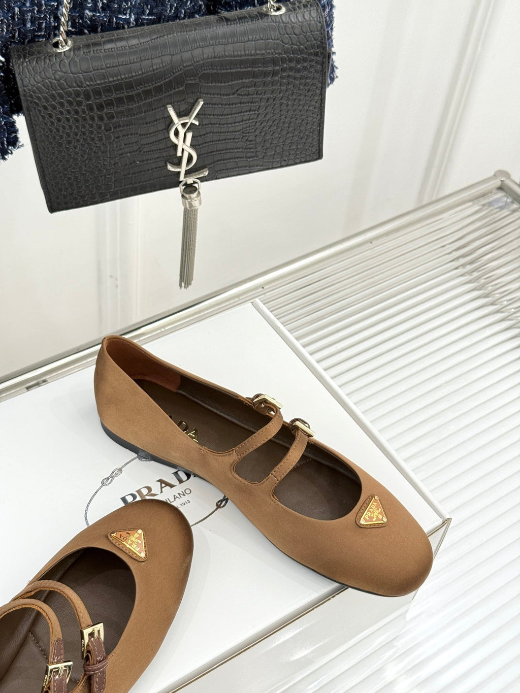 PRADA 25S DOUBLE STRAP BALLERINAS IN RK BROWN SATIN