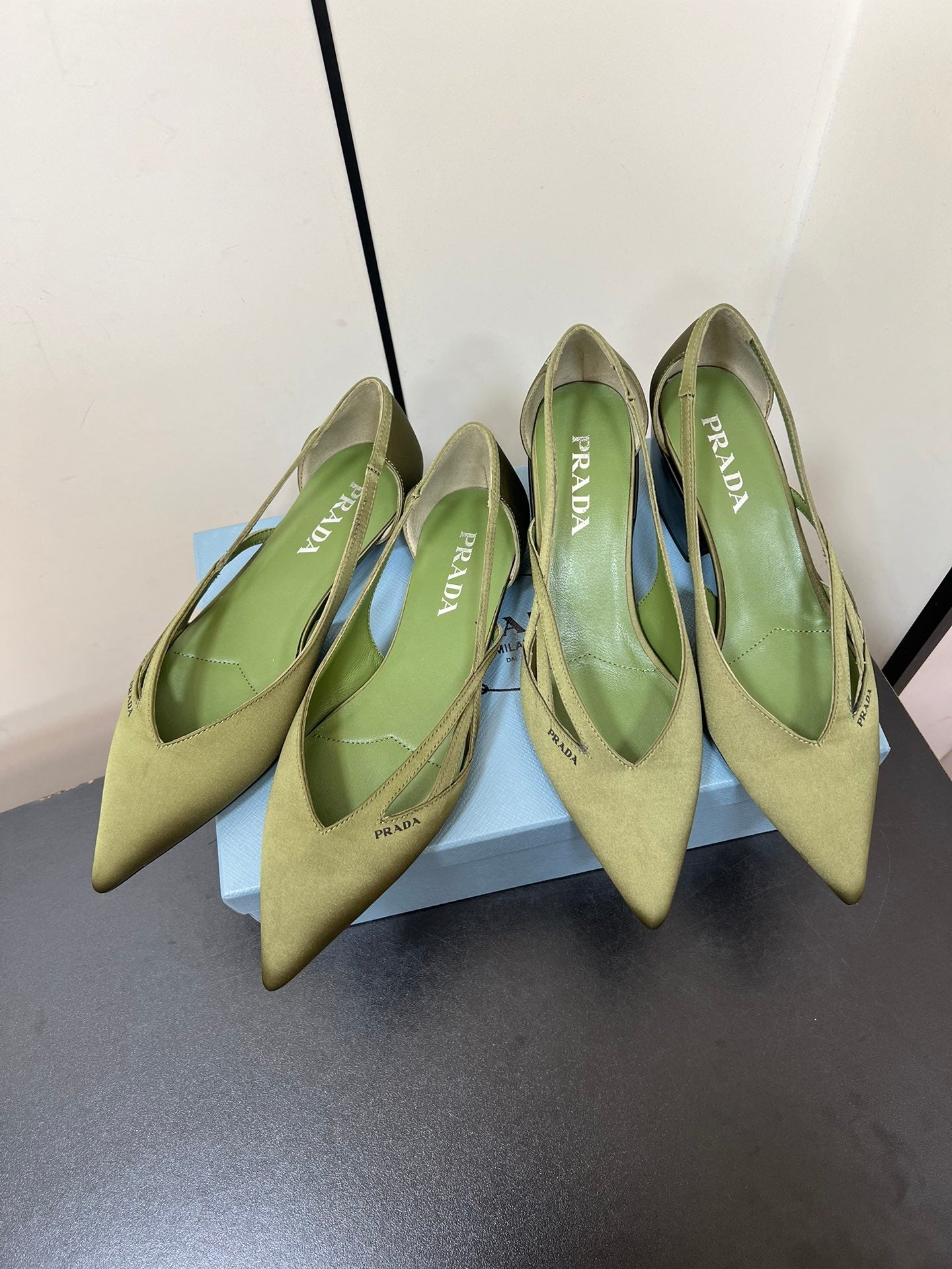 PRADA CUT-OUT BALLERINAS IN OLIVE GREEN SATIN