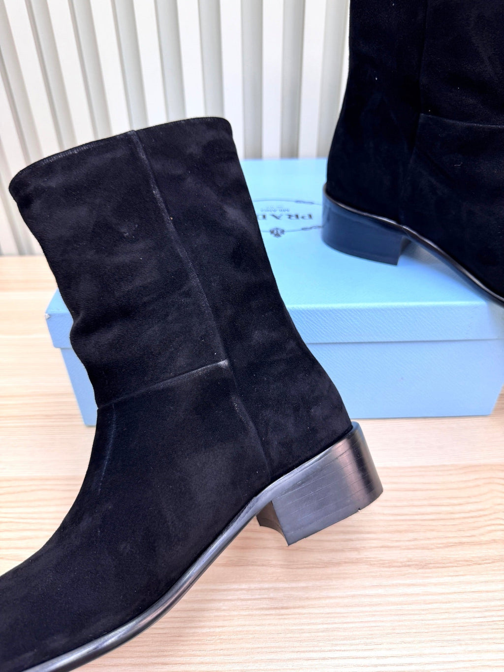 PRADA 25S LOW-CUT BOOTS IN BLACK SUEDE