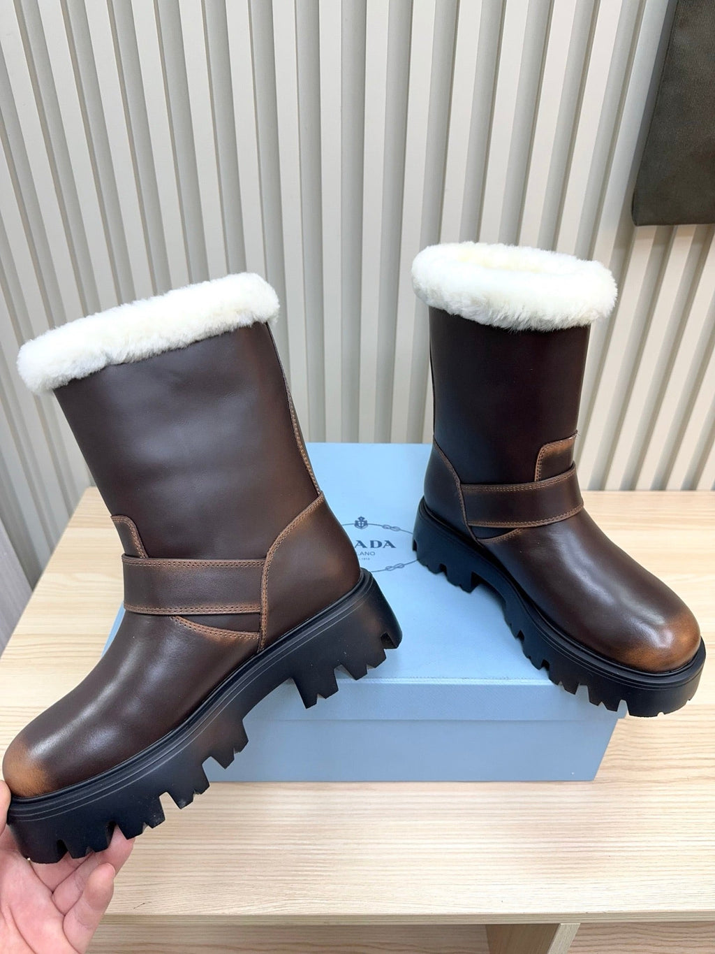 PRADA 25S MARTIN BOOTS IN RK BROWN CALFSKIN FUR-LINED