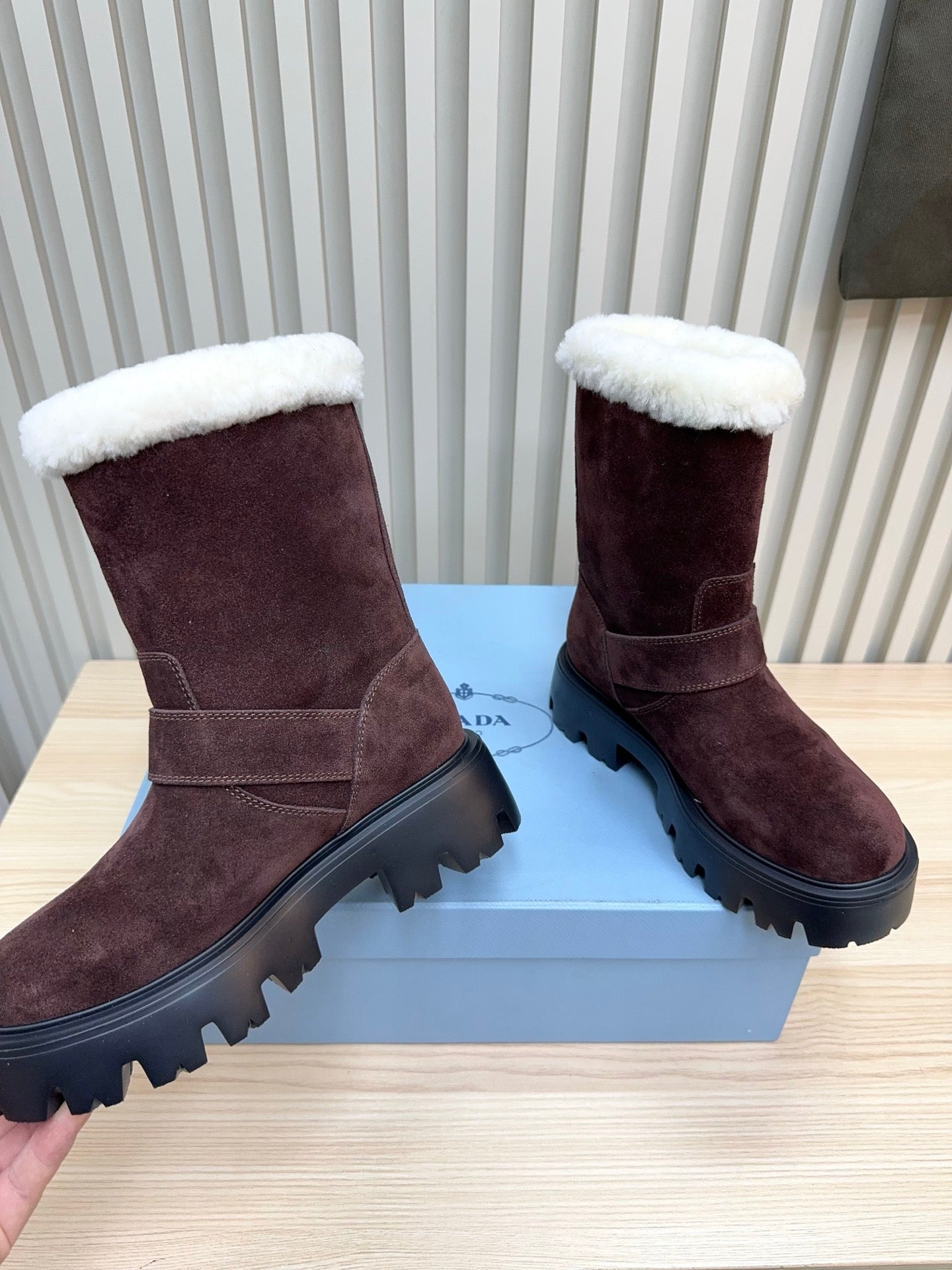 PRADA 25S MARTIN BOOTS IN RK BURGUNDY BROWN SUEDE FUR-LINED