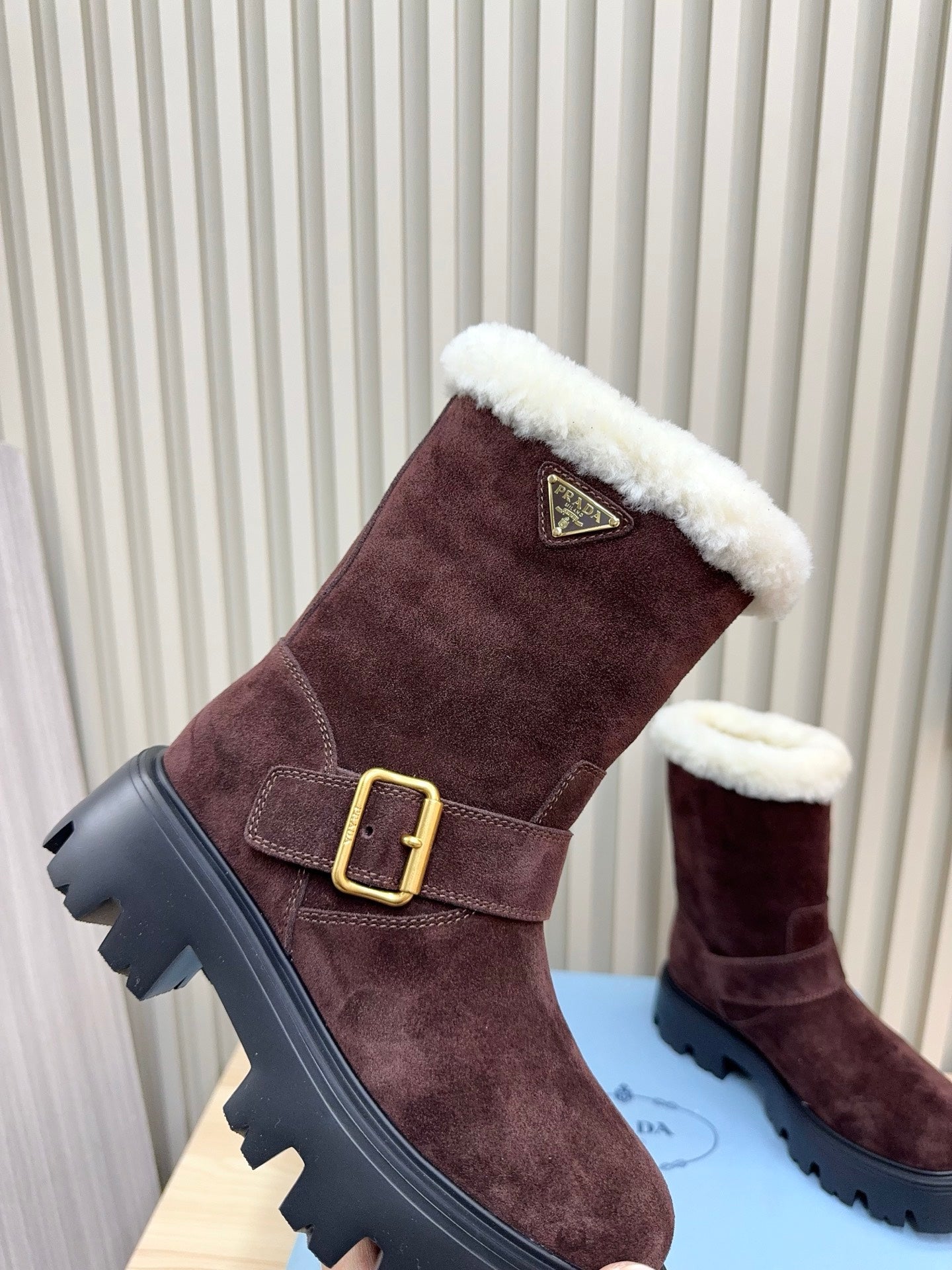 PRADA 25S MARTIN BOOTS IN RK BURGUNDY BROWN SUEDE FUR-LINED