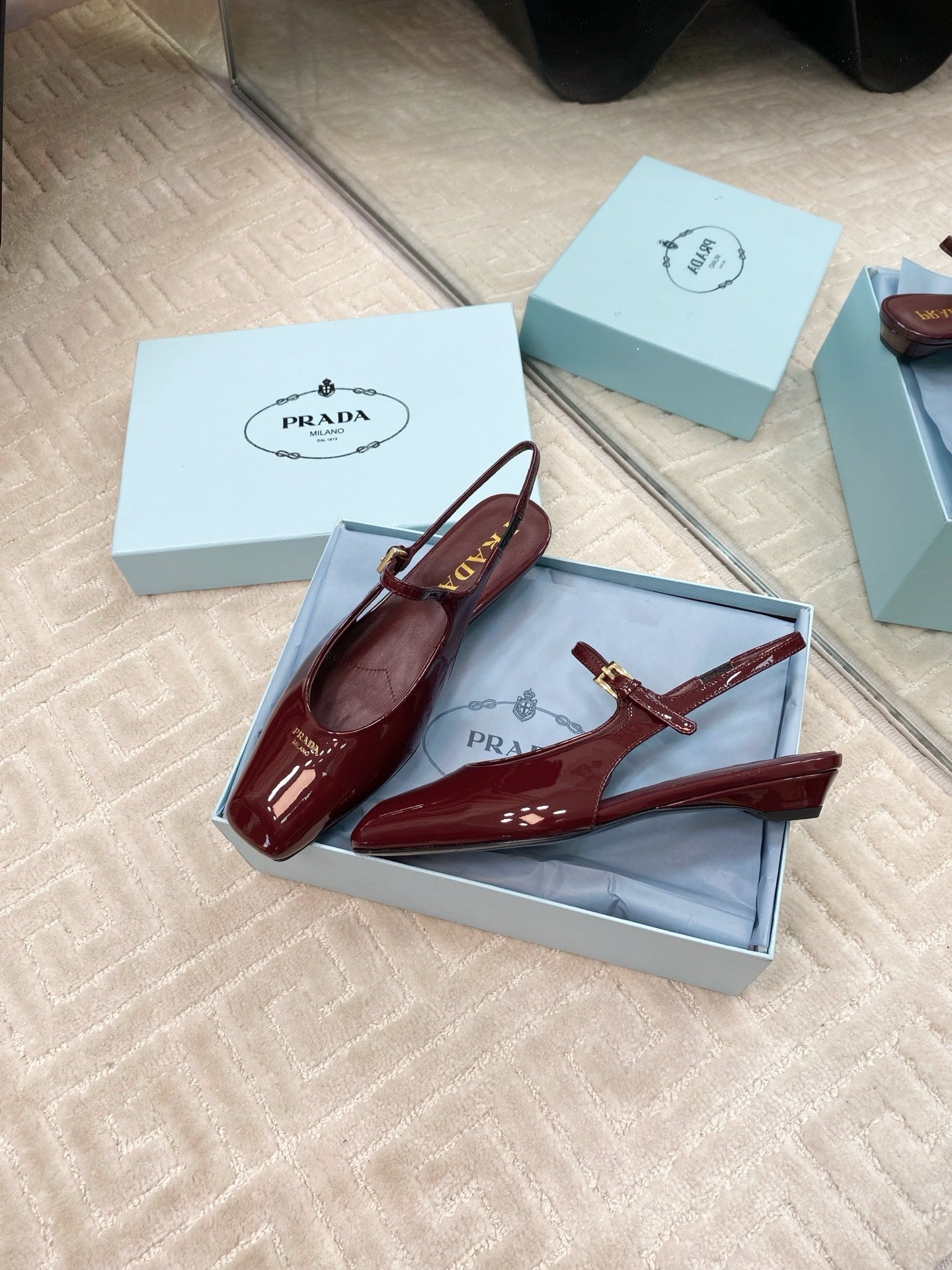 PRADA MARY JANE SLINGBACK SQUARE TOE IN BURGUNDY RED PATENT SHEEPSKIN