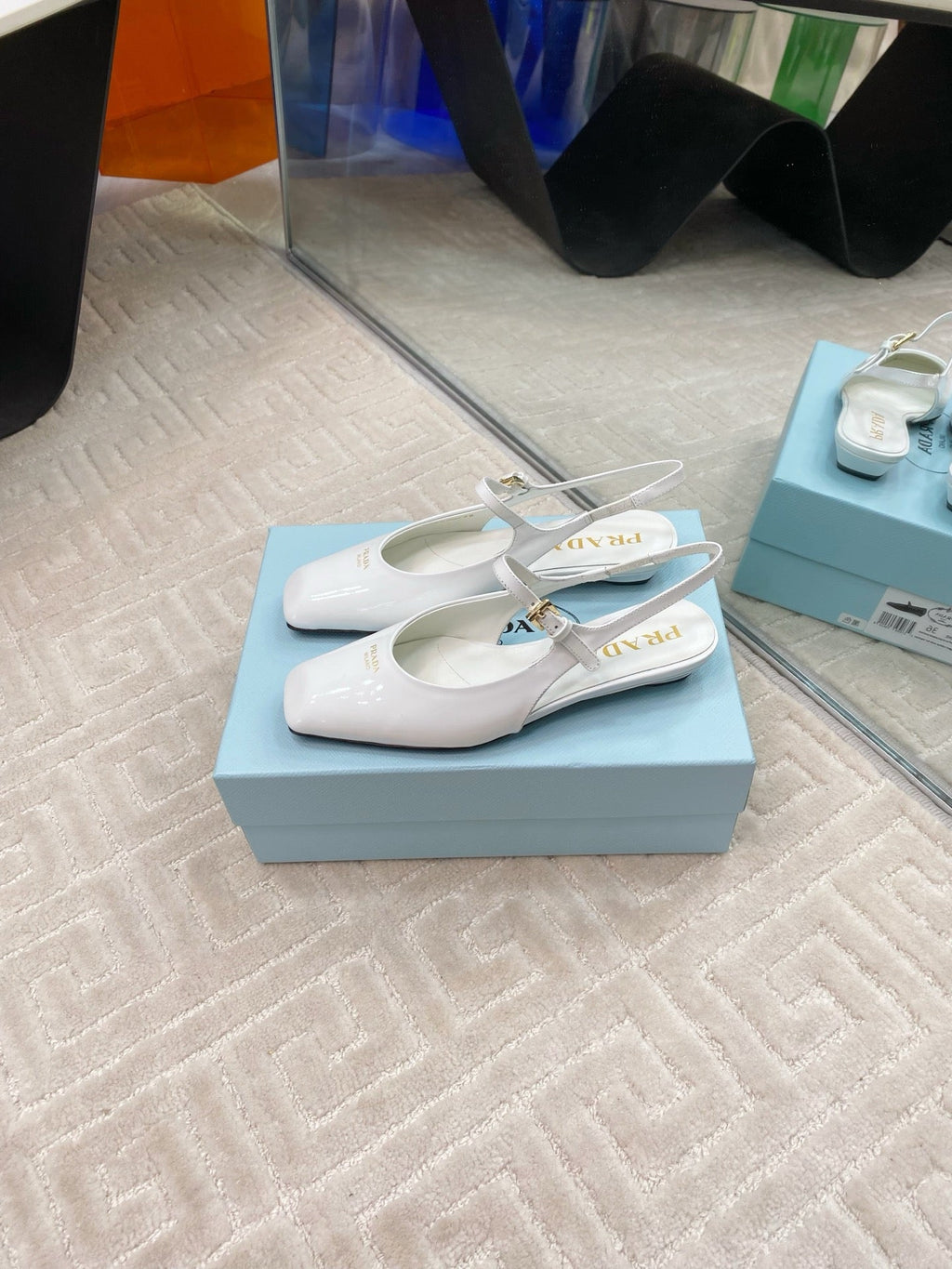PRADA MARY JANE SLINGBACK SQUARE TOE IN WHITE PATENT SHEEPSKIN