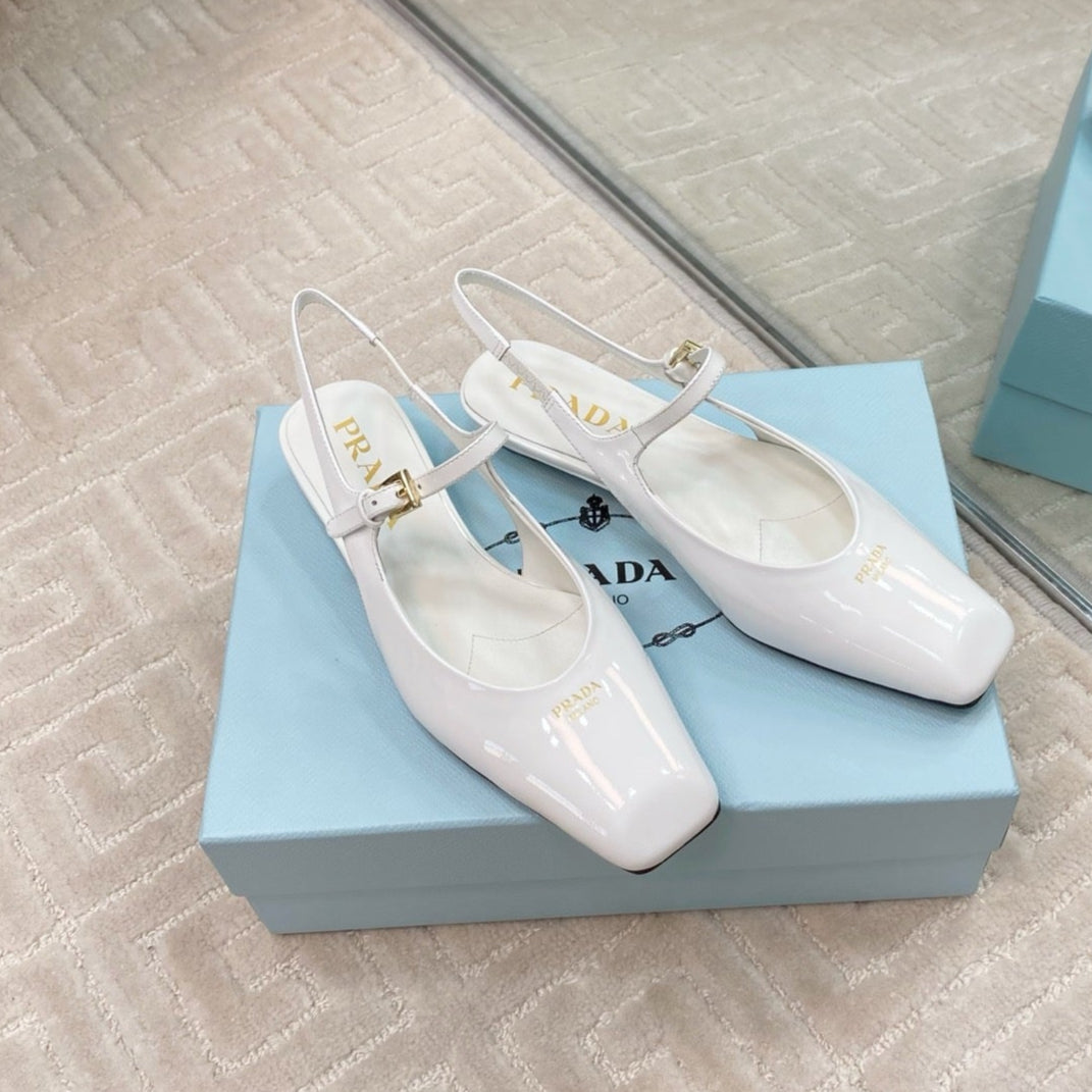 PRADA MARY JANE SLINGBACK SQUARE TOE IN WHITE PATENT SHEEPSKIN