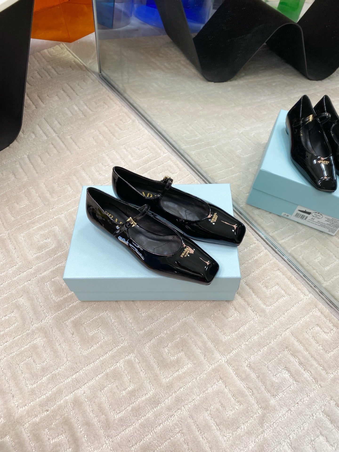 PRADA MARY JANE FLATS SQUARE TOE IN BLACK PATENT SHEEPSKIN