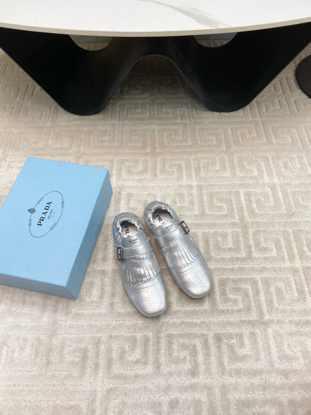 PRADA TASSEL LOAFERS IN SILVER METALLIC LAMBSKIN
