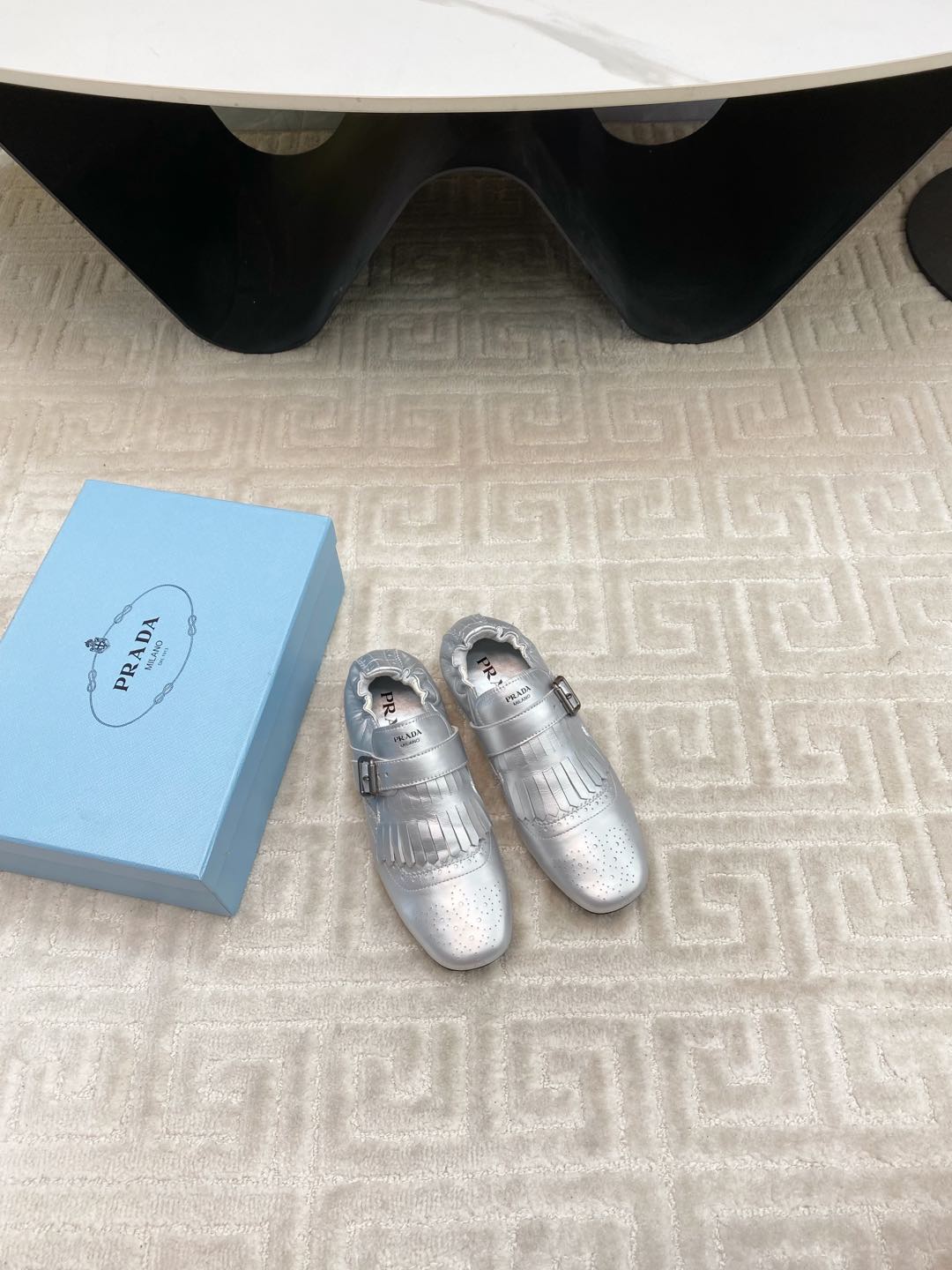 PRADA TASSEL LOAFERS IN SILVER METALLIC LAMBSKIN