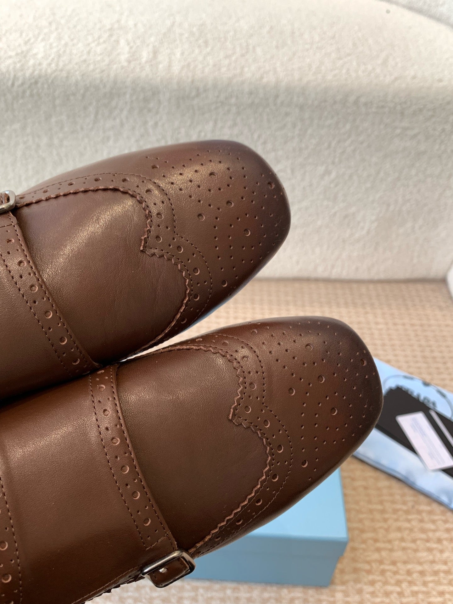 PRADA DOUBLE MONK MULES IN RK BROWN CALFSKIN