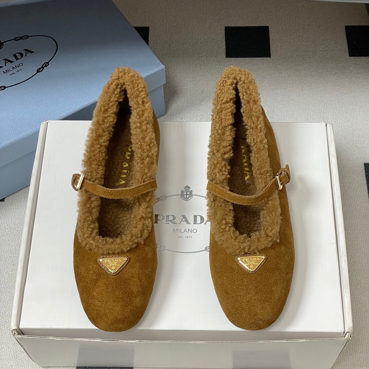 PRADA 25S MARY JANE FLATS IN RK WALNUT BROWN SUEDE WITH GOLD HARDWARE
