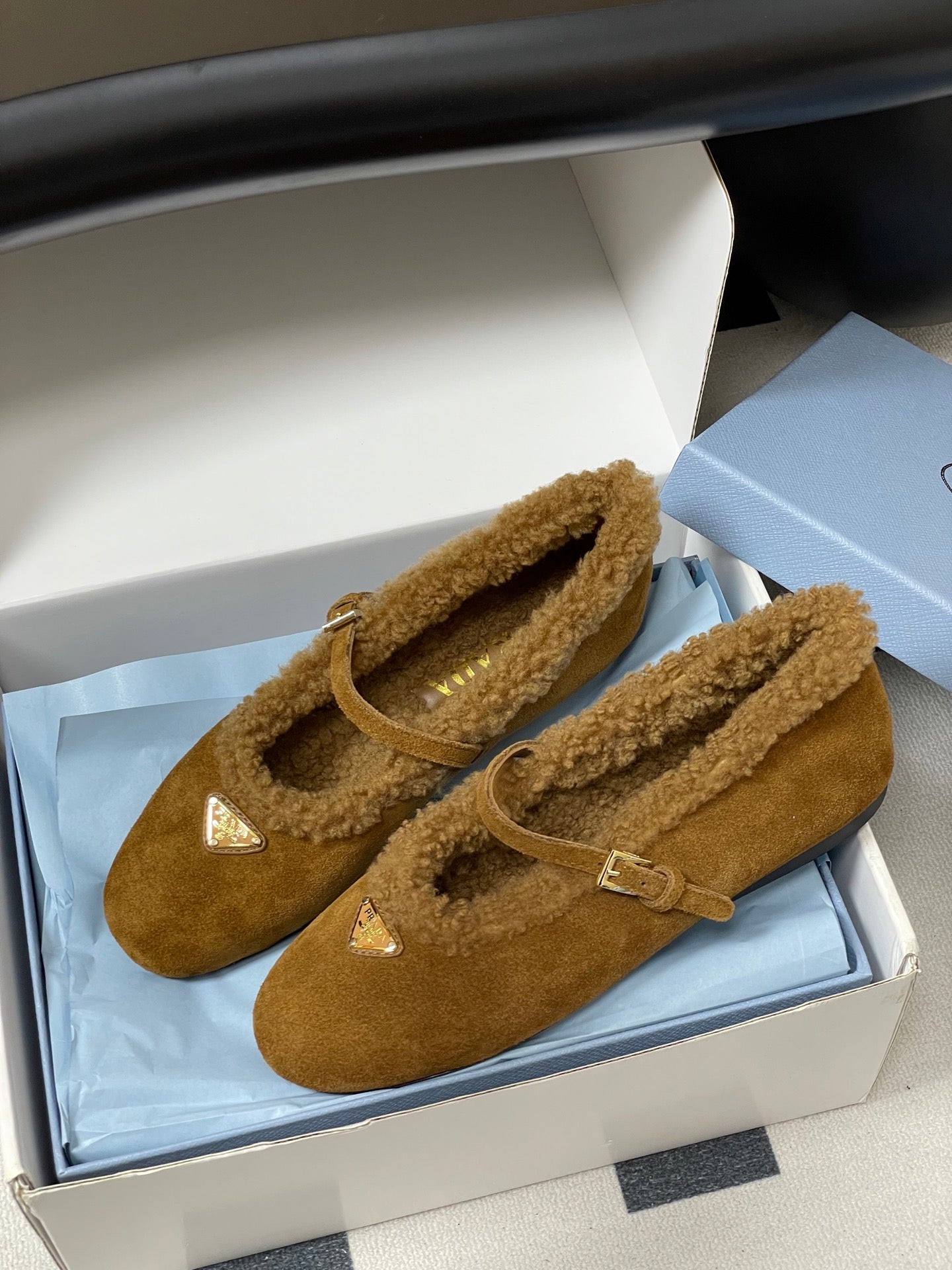 PRADA 25S MARY JANE FLATS IN RK WALNUT BROWN SUEDE WITH GOLD HARDWARE