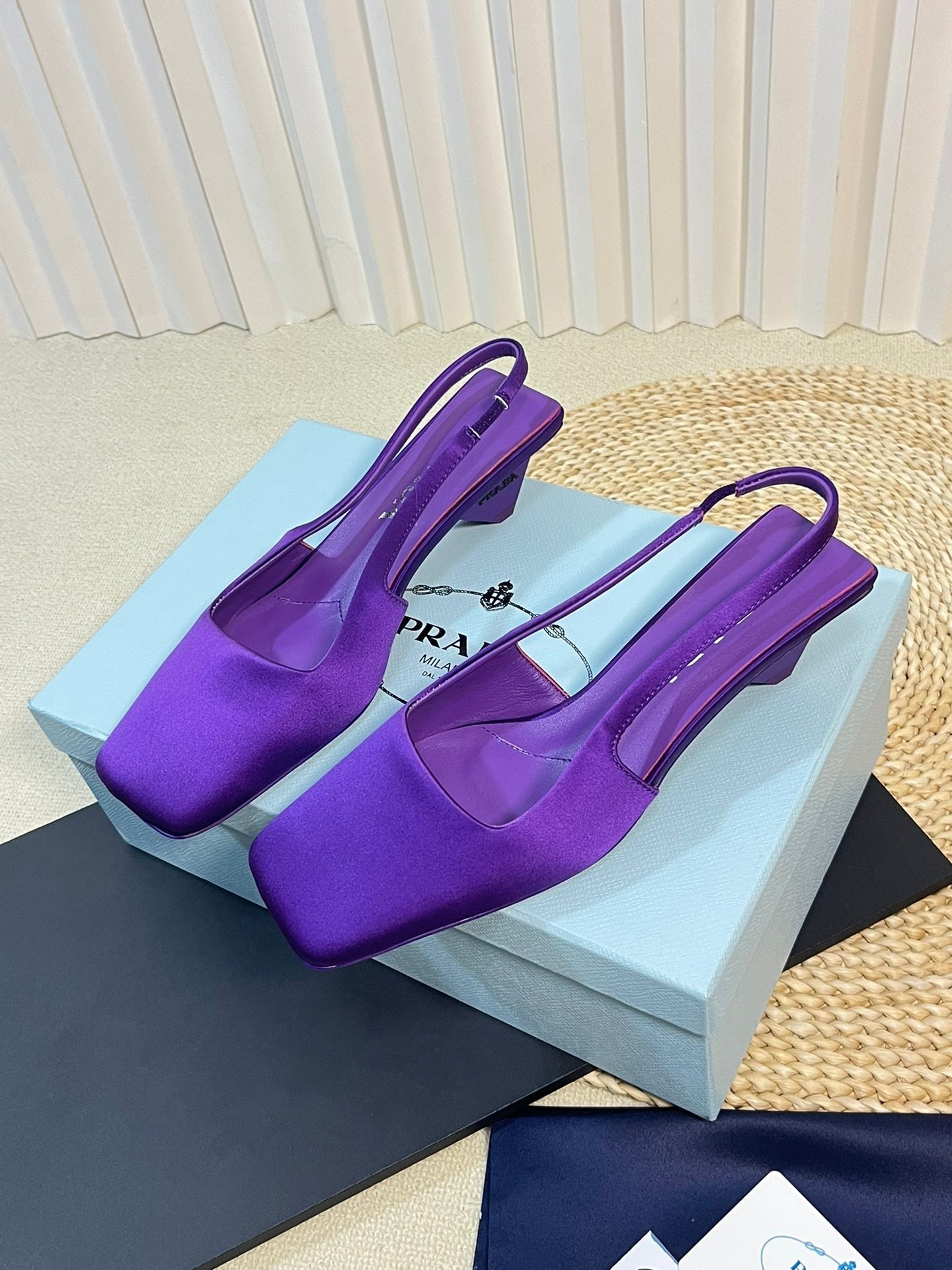 PRADA SQUARE TOE SLINGBACK PUMPS VIOLET SATIN