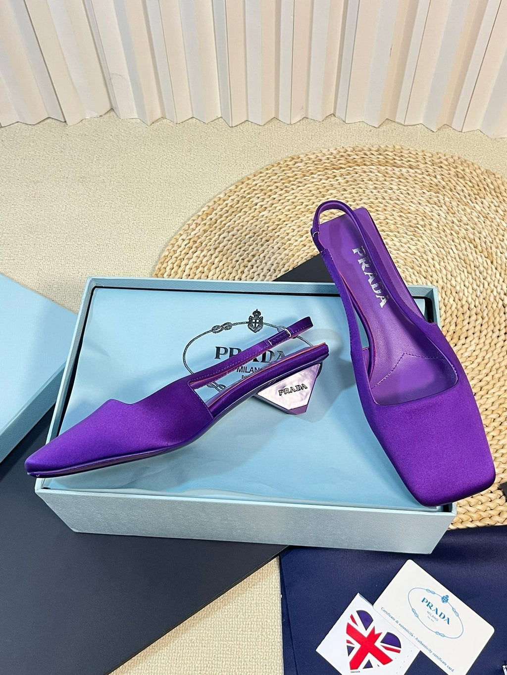 PRADA SQUARE TOE SLINGBACK PUMPS VIOLET SATIN