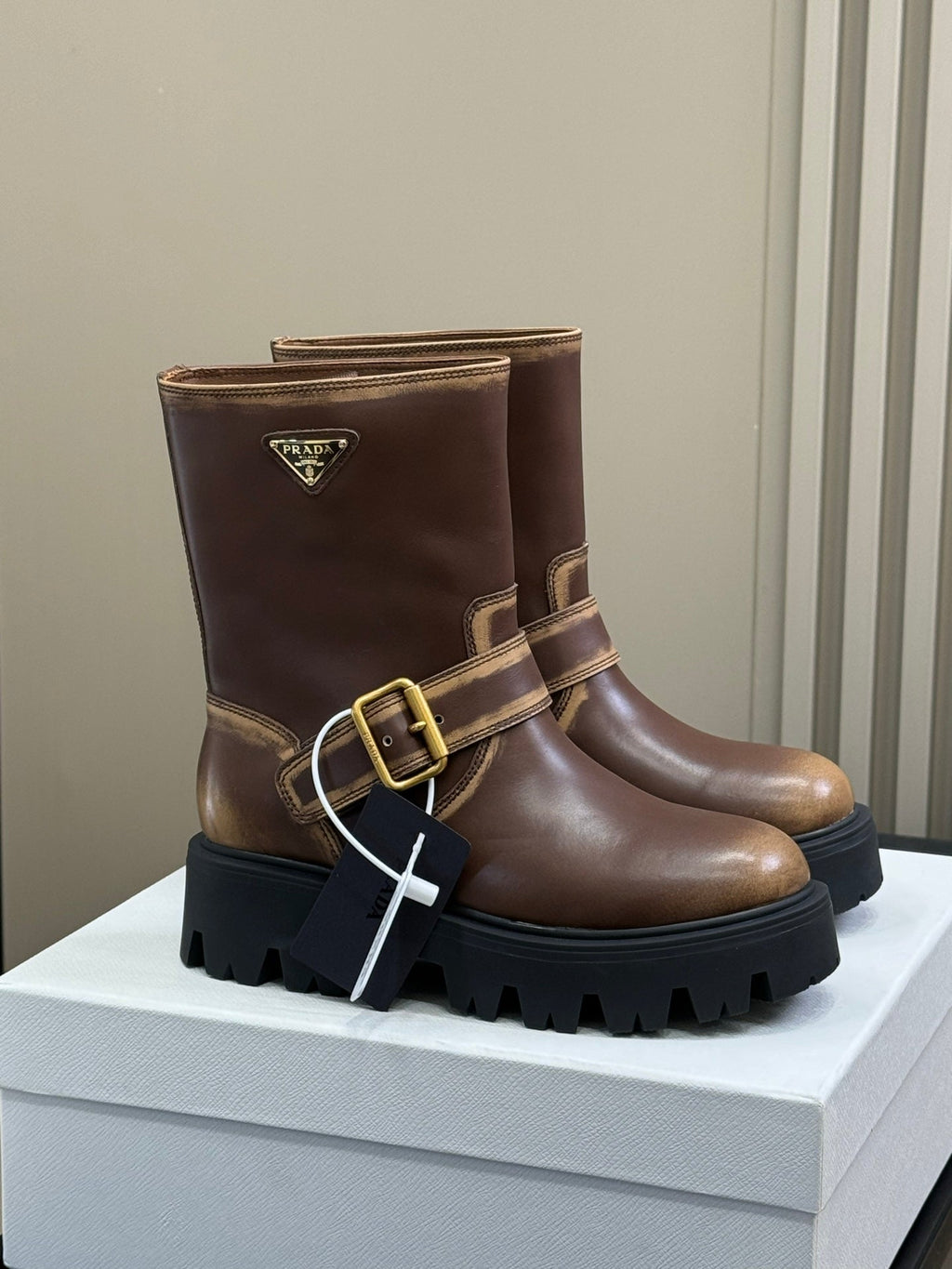 PRADA 25S PLATFORM ANKLE BOOTS IN RK BROWN CALFSKIN WITH GOLD HARDWARE