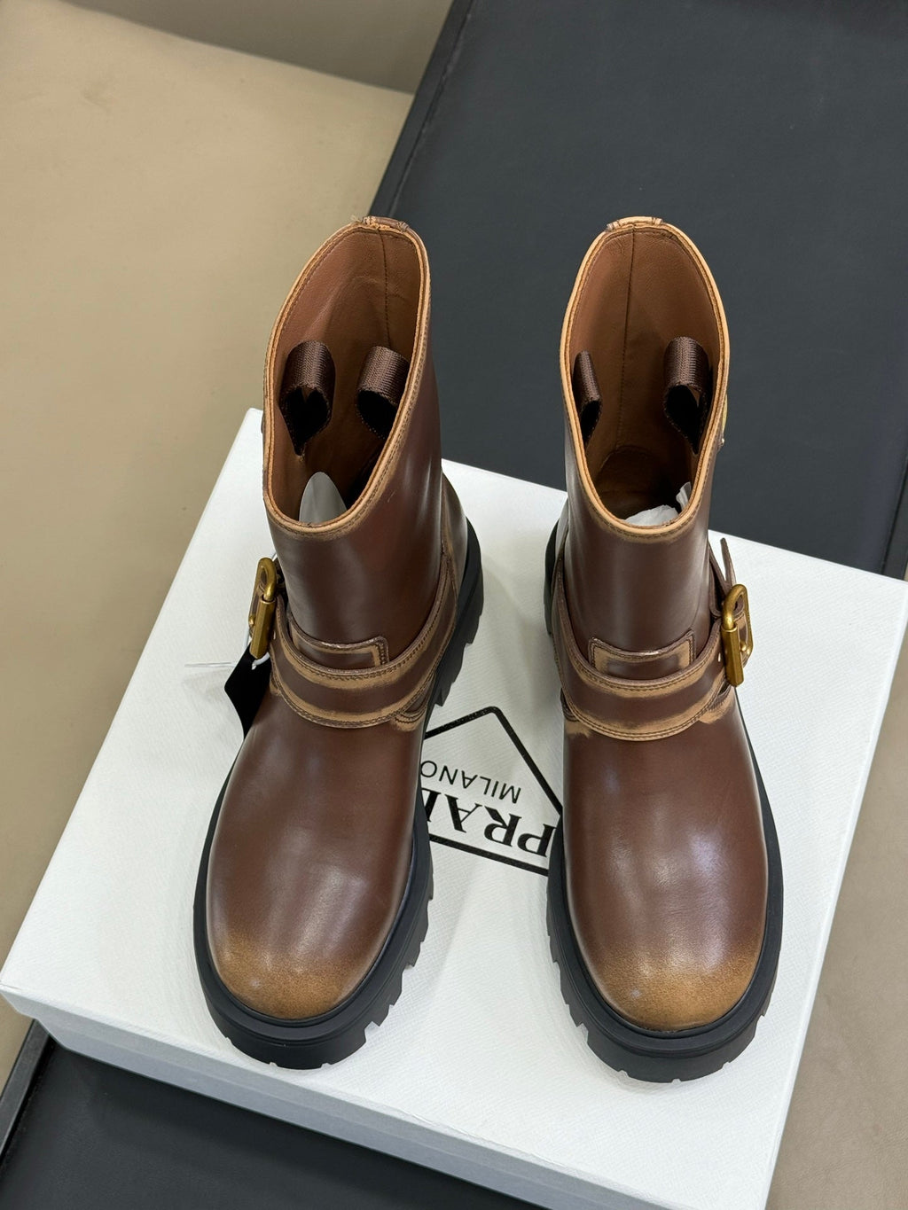PRADA 25S PLATFORM ANKLE BOOTS IN RK BROWN CALFSKIN WITH GOLD HARDWARE