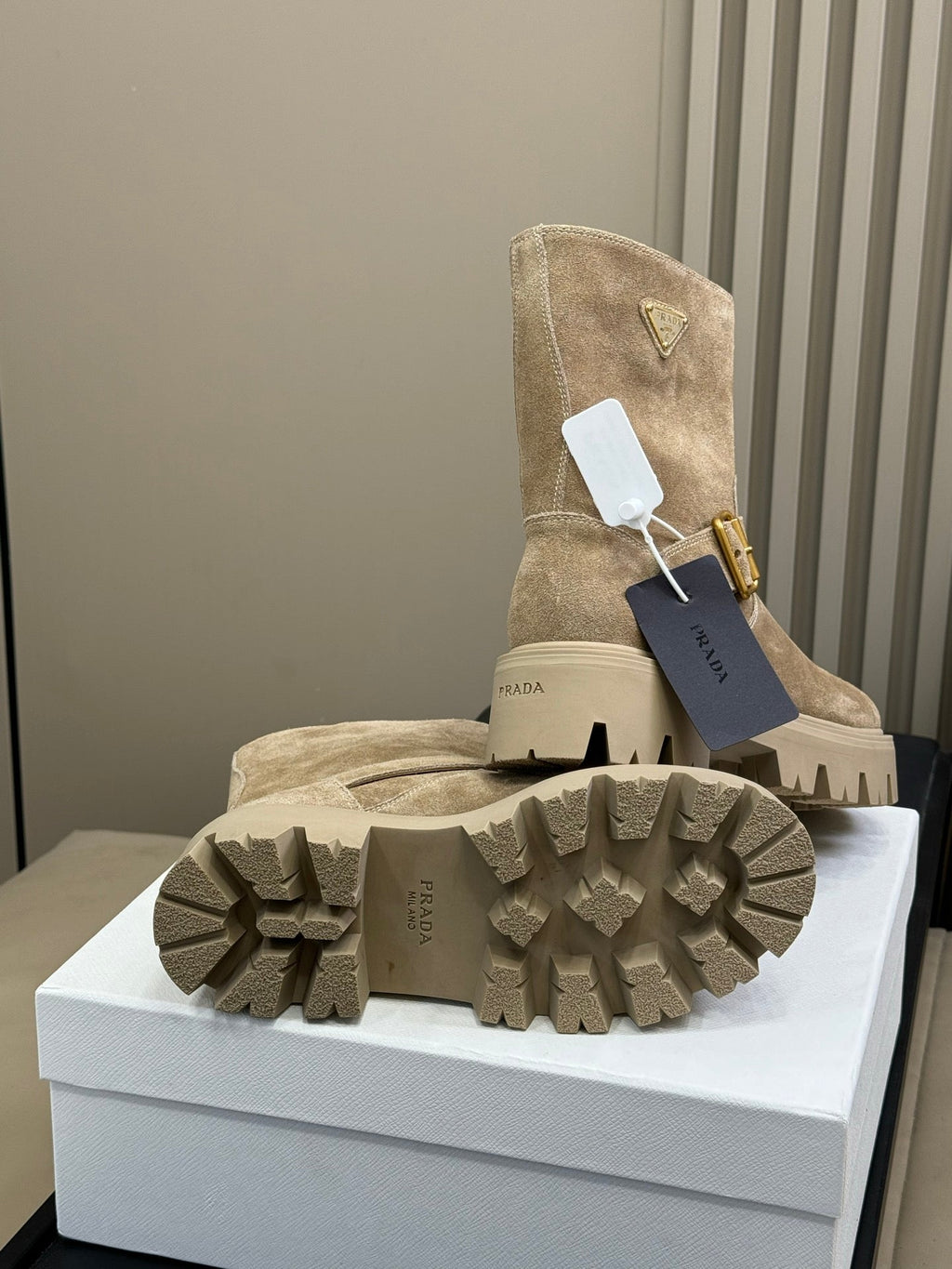 PRADA 25S PLATFORM ANKLE BOOTS IN RK BEIGE SUEDE WITH GOLD HARDWARE