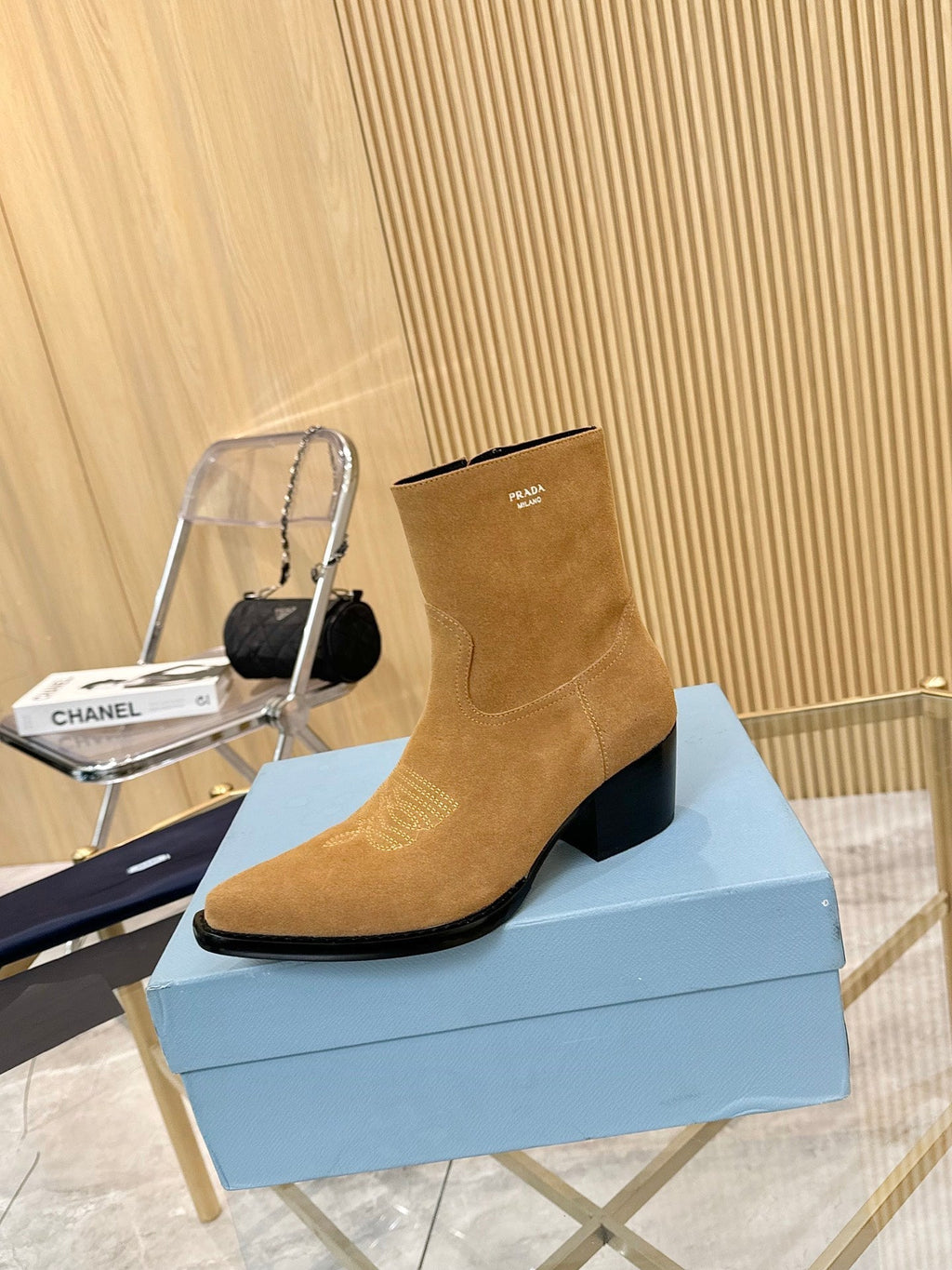PRADA ANKLE BOOTS IN TAN BROWN SUEDE