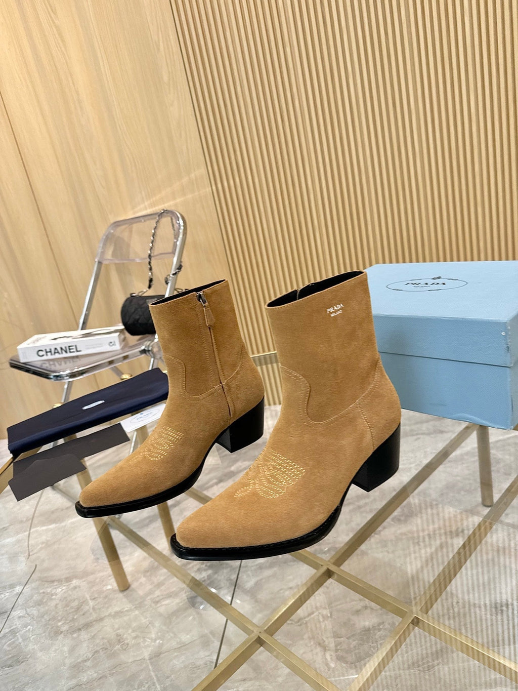 PRADA ANKLE BOOTS IN TAN BROWN SUEDE
