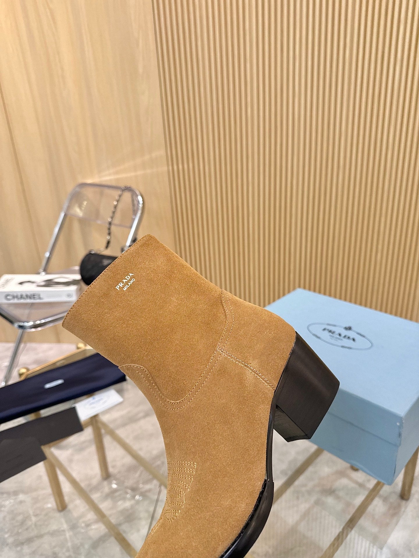 PRADA ANKLE BOOTS IN TAN BROWN SUEDE